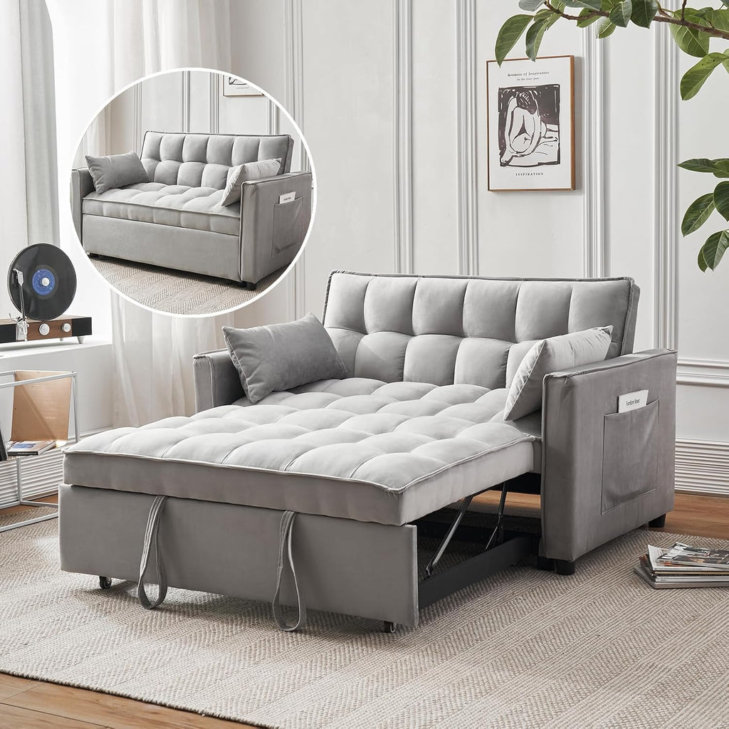 3-in-1 Loveseat Sleeper Sofa, Modern 55.5' Pull Out Couch, Velvet Upholstered Futon Sofa Bed with Adjustable Backrest, Convertible Sofa Bed with Storage Pockets for Living Room(Light Grey)