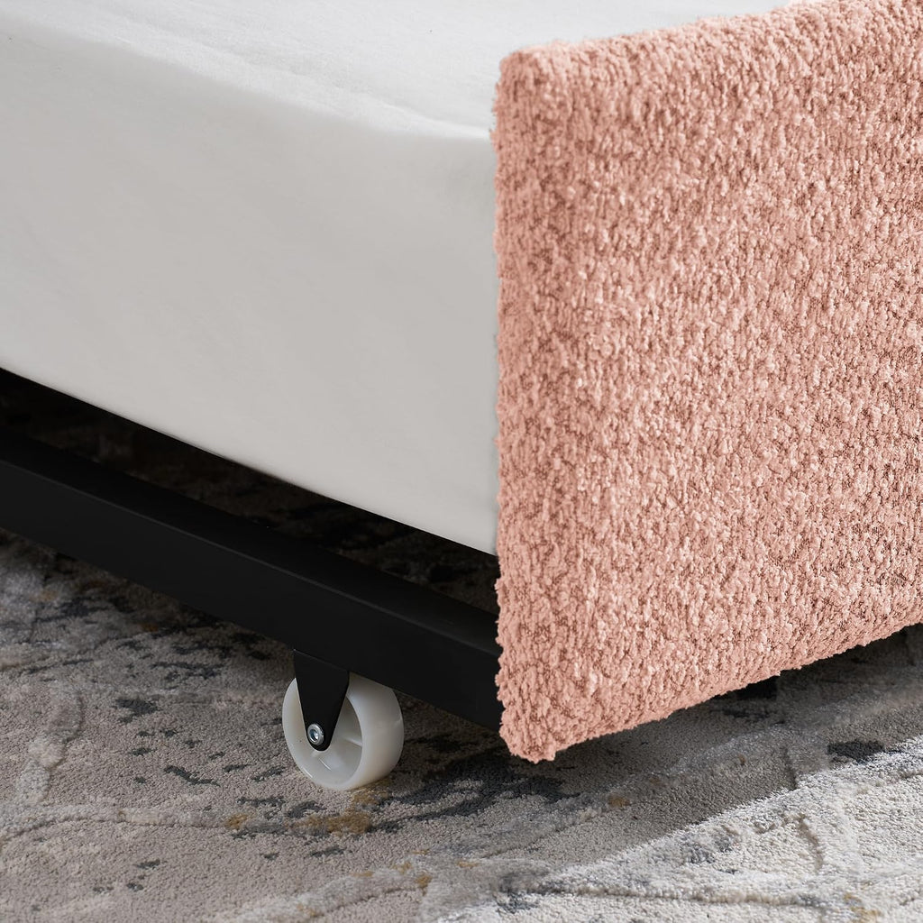 KEIKI Twin Size Upholstery Tufted Daybed with Erectable Trundle, Twin to King Design Modern Extendable Boucle Sofa Bed, Easy Assembly, No Box Spring Required, for Living Room and Bedroom, Pink