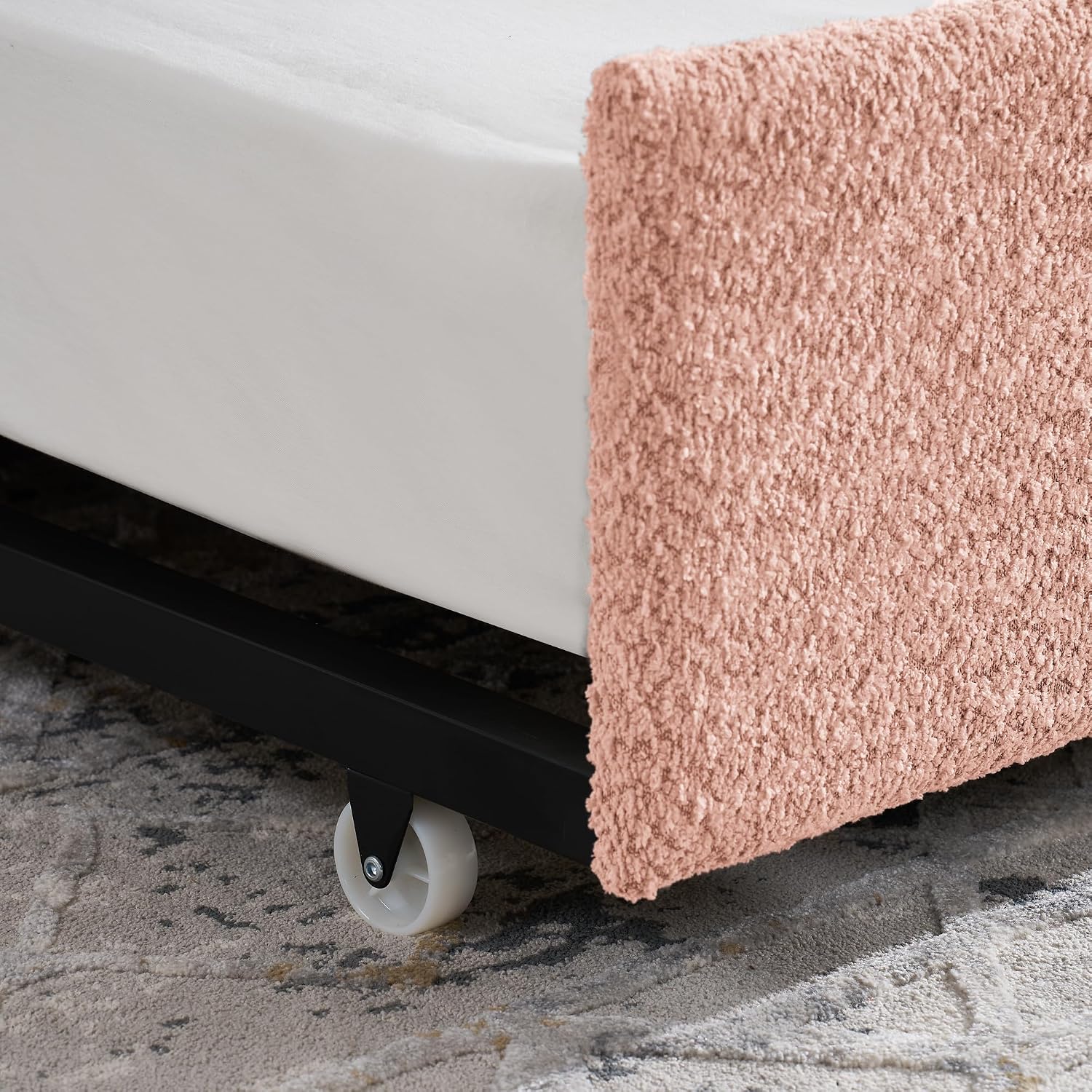 KEIKI Twin Size Upholstery Tufted Daybed with Erectable Trundle, Twin to King Design Modern Extendable Boucle Sofa Bed, Easy Assembly, No Box Spring Required, for Living Room and Bedroom, Pink