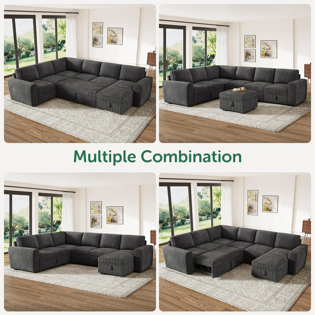 HONBAY Modular Sectional Sleeper Sofa with Pull Out Bed,Corduroy U Shaped Couch with Storage, Sectional Couches for Living Room,Dark Grey