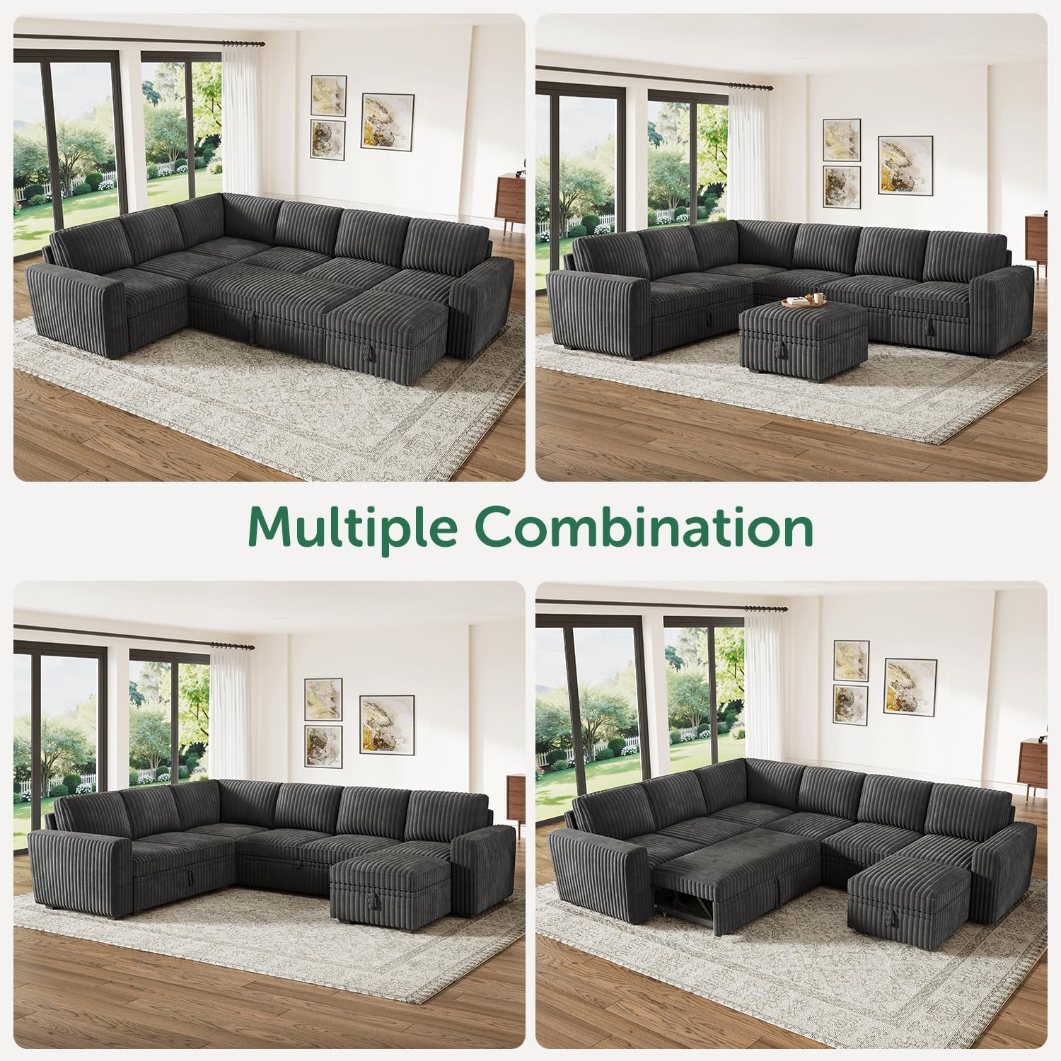 HONBAY Modular Sectional Sleeper Sofa with Pull Out Bed,Corduroy U Shaped Couch with Storage, Sectional Couches for Living Room,Dark Grey