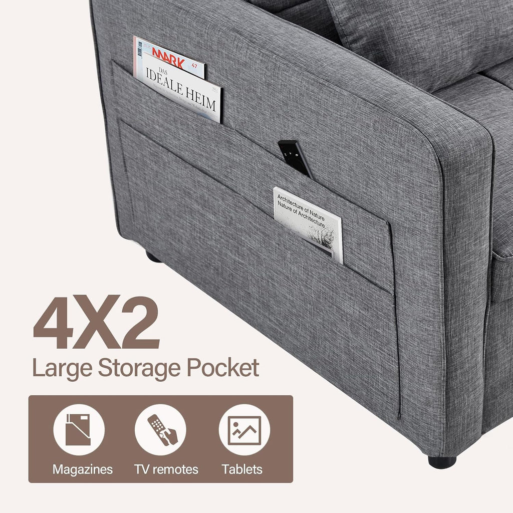 HAOMARKETS 3 in 1 Convertible Sleeper Sofa Bed, Loveseat Chaise Lounge with Pullout Bed, 2-Seater Futon Couches with Storage Pockets, 3-Level Adjustable Backrest and Pillows for Living Room, Grey