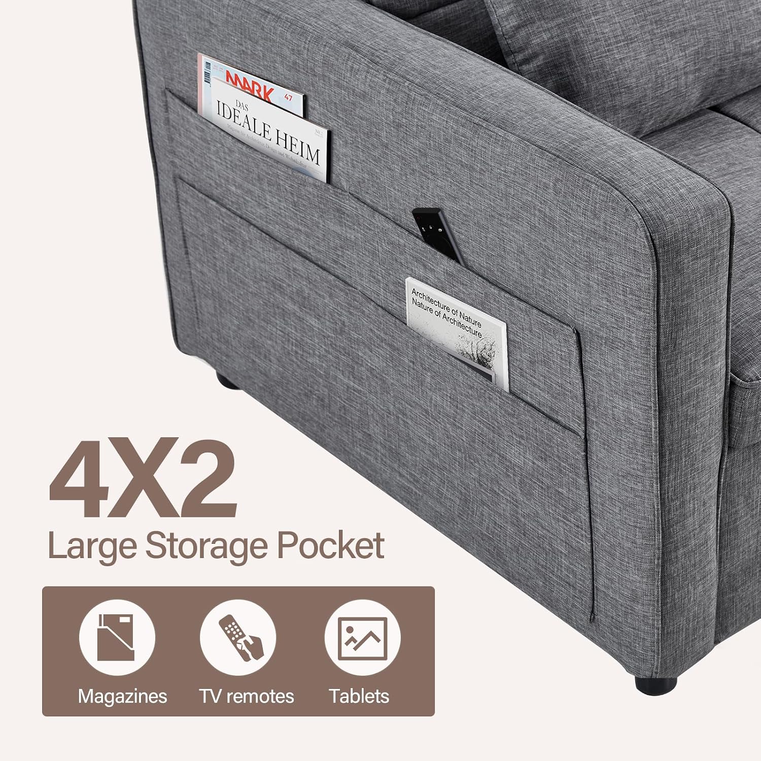 HAOMARKETS 3 in 1 Convertible Sleeper Sofa Bed, Loveseat Chaise Lounge with Pullout Bed, 2-Seater Futon Couches with Storage Pockets, 3-Level Adjustable Backrest and Pillows for Living Room, Grey