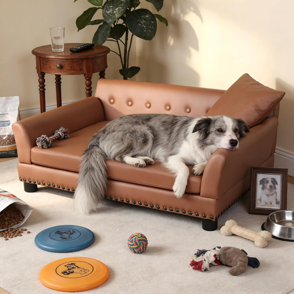 BingoPaw Large Leather Dog Sofa: Pet Couch Lounge Made by Scratching Resistant Microfiber Leather - Doggy Modern Chaise Daybed with Leatherier Cover for Pets Up to 80lbs
