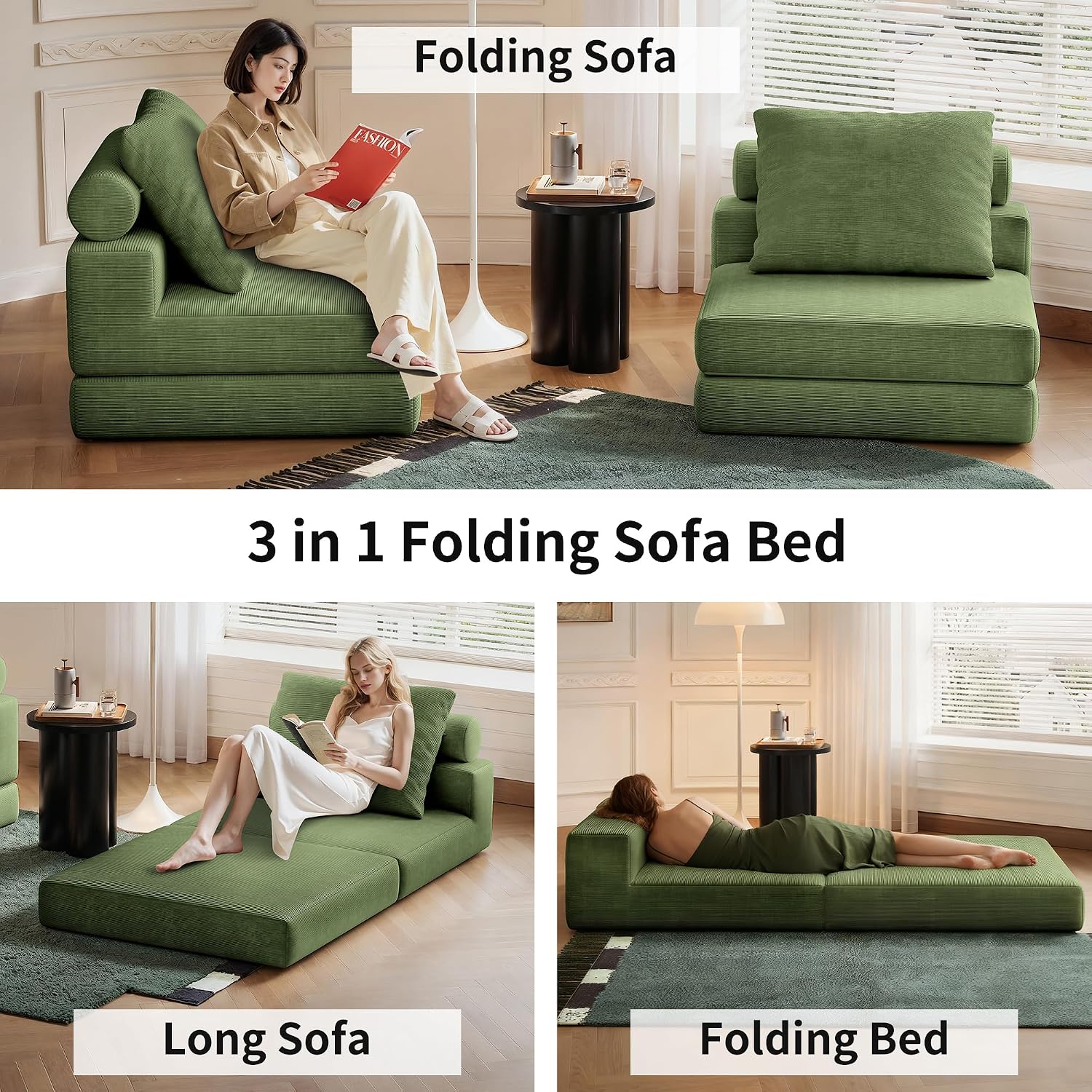 Folding Sofa Bed, 3-in-1 Convertible Sleeper Chair Bed with Pillows, Foldable Floor Couch with High-Density Foam, Futon Small Boneless Couch for Living Room Bedroom Lounge, Single, Green