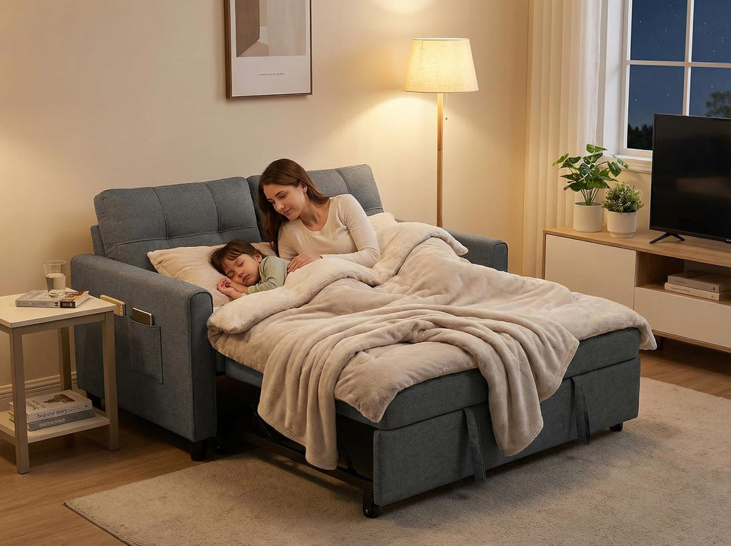 Gizoon 3-in-1 Convertible Loveseat Sleeper Couch Bed, 71.7' Extended Pull Out Sofa Bed, Linen Fabric Small Futon Sofa Bed with 2 Pillows for Apartment, Living Room, Bedroom, Dark Grey