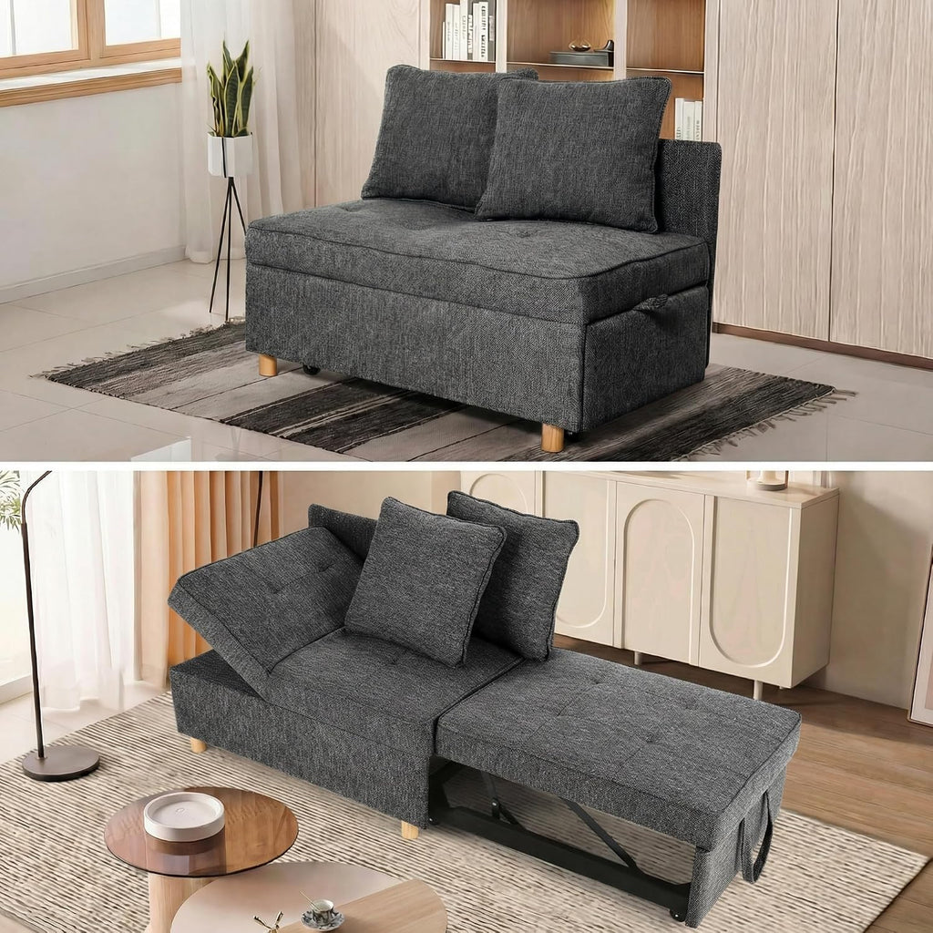 SEJOV Sofa Bed 4-in-1 Convertible Sofas & Couches, 3-Seat Linen Fabric loveseat Sofa with 2 Throw Pillow, Single Recliner for Small Space with 5 Adjustable Backrest, Black