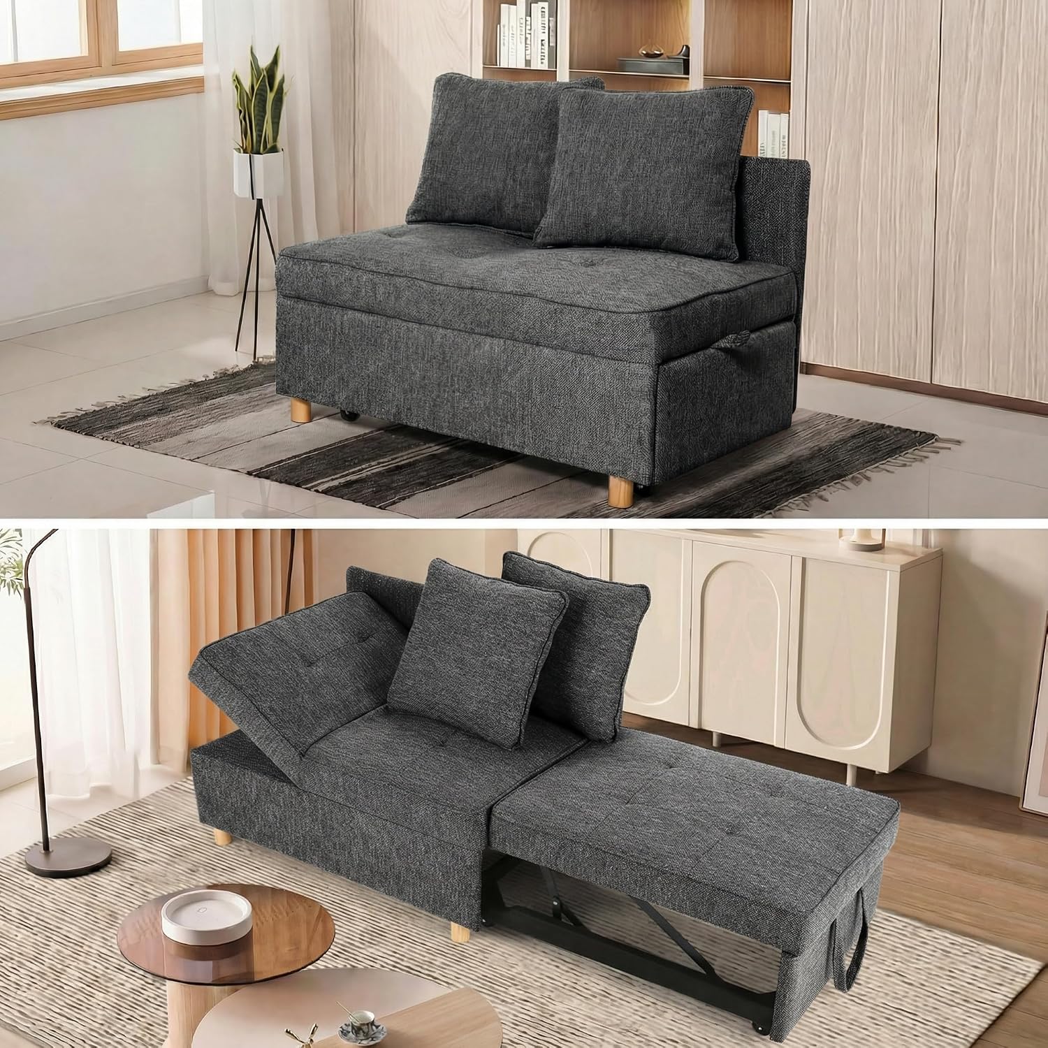 SEJOV Sofa Bed 4-in-1 Convertible Sofas & Couches, 3-Seat Linen Fabric loveseat Sofa with 2 Throw Pillow, Single Recliner for Small Space with 5 Adjustable Backrest, Black