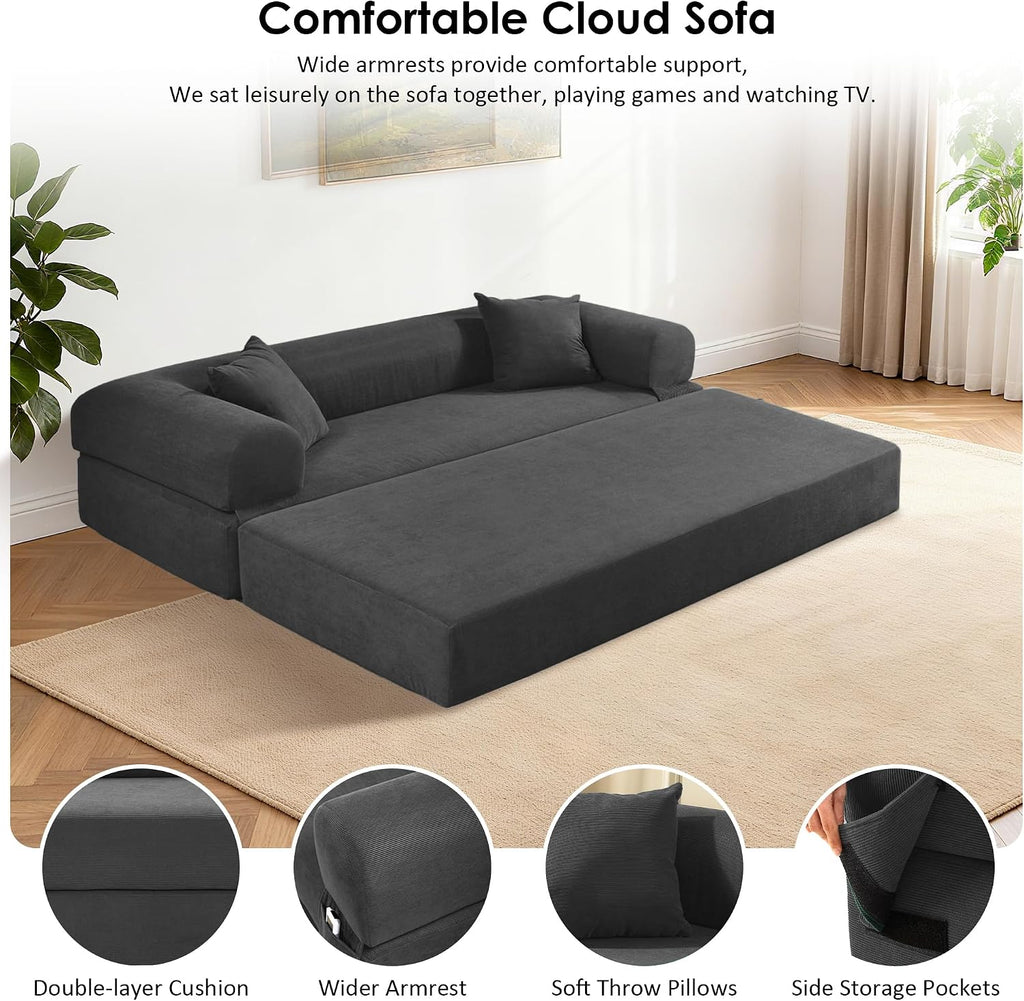 80' Convertible Sofa Bed, 3-in-1 Corduroy Folding Pull Out Couch with Pillows, No Assembly Modern Boneless Couch Compression Sofa in Box, Floor Sofa with Side Storage Pocket for Living Room,Dark Grey