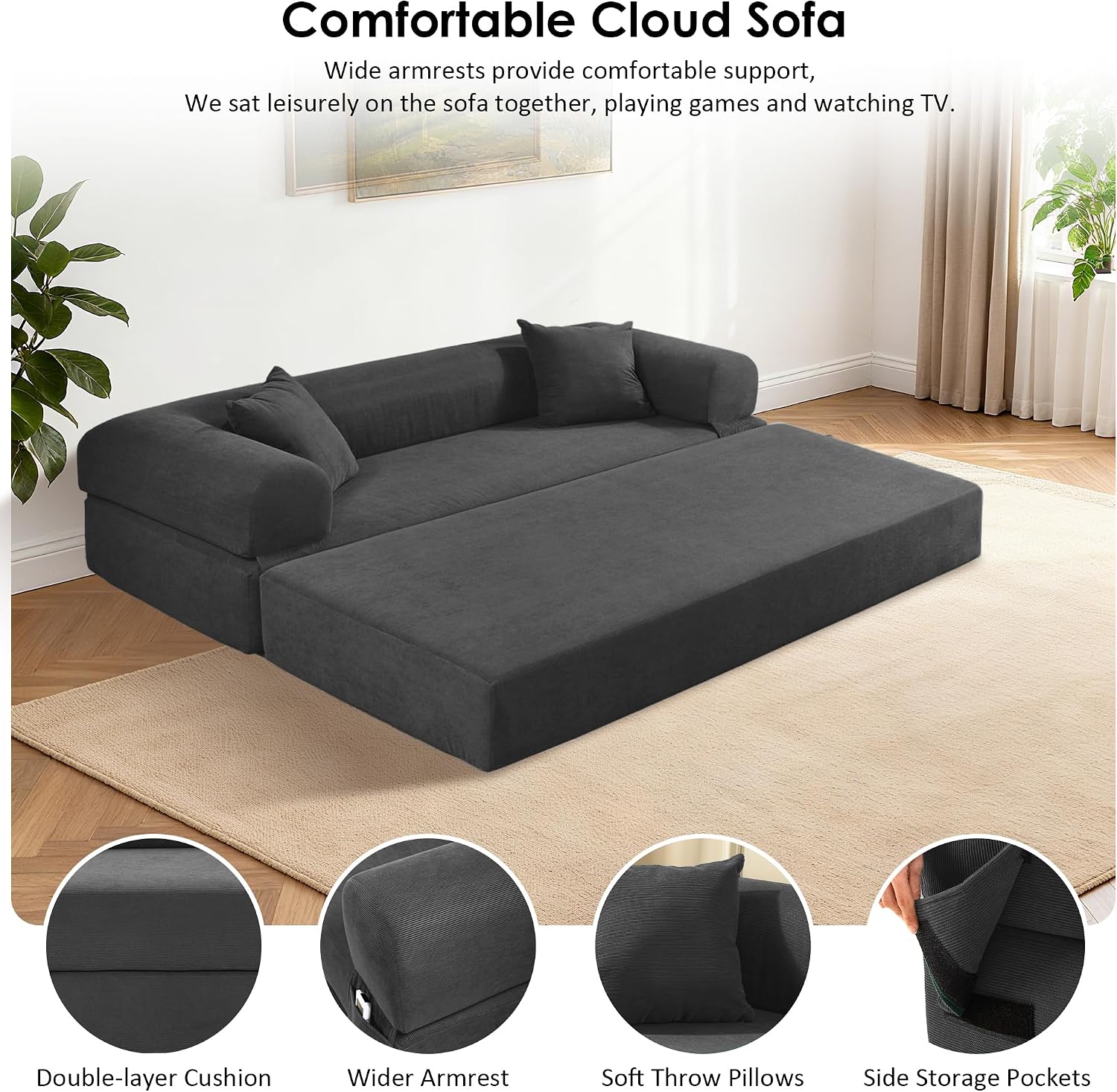 80' Convertible Sofa Bed, 3-in-1 Corduroy Folding Pull Out Couch with Pillows, No Assembly Modern Boneless Couch Compression Sofa in Box, Floor Sofa with Side Storage Pocket for Living Room,Dark Grey