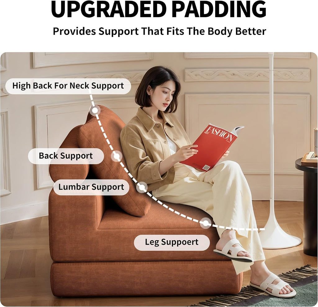 Folding Sofa Bed, 3-in-1 Convertible Sleeper Chair Bed with Pillows, Foldable Floor Couch with High-Density Foam, Futon Small Boneless Couch for Living Room Bedroom Lounge, Single, Brown