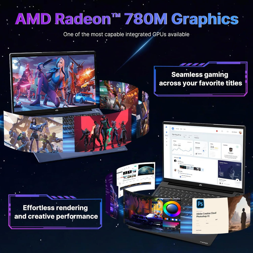 NIMO 17.3' Business-Laptop Ryzen 9 8945HS, 32GB RAM 2TB SSD, Radeon 780M, 54W Max TDP, 75Wh Battery, USB-C 4.0, PD 100W, Backlit Keyboard, Fingerprint Unlock, FHD Laptop for Gaming Student Office