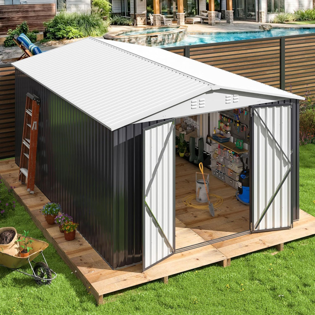 AirWire 10x14 FT Metal Shed, Garden Storage Shed with Updated Frame Structure and Lockable Doors, Outdoor Heavy Duty Tool Sheds for Backyard Garden Patio Lawn, White