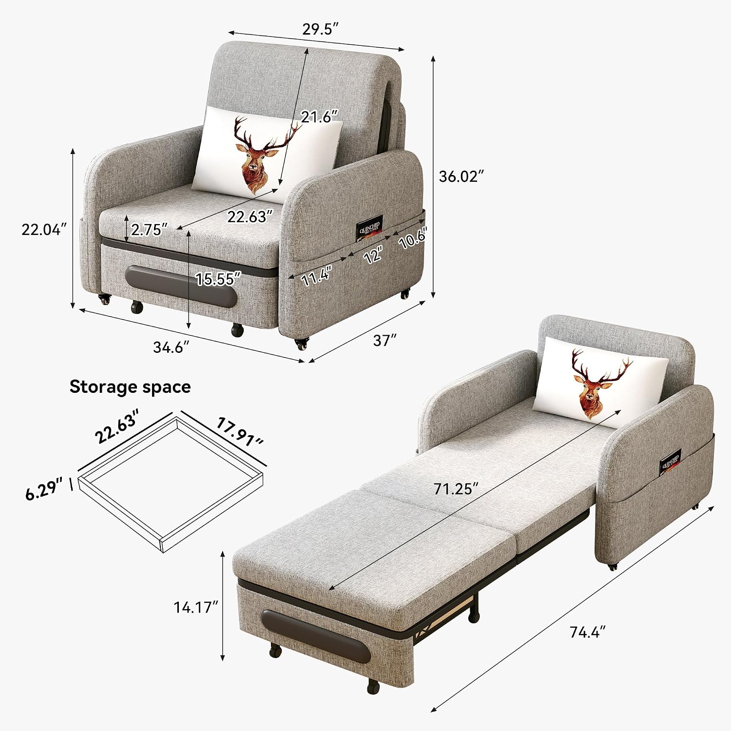 34.6' Small Pull-Out Sofa Bed, Modern Versatile Futon Sleeper Couch, Daybed with Trundle Space-Saving for Living Room, RV, Studio or Guest Room, Gray & White