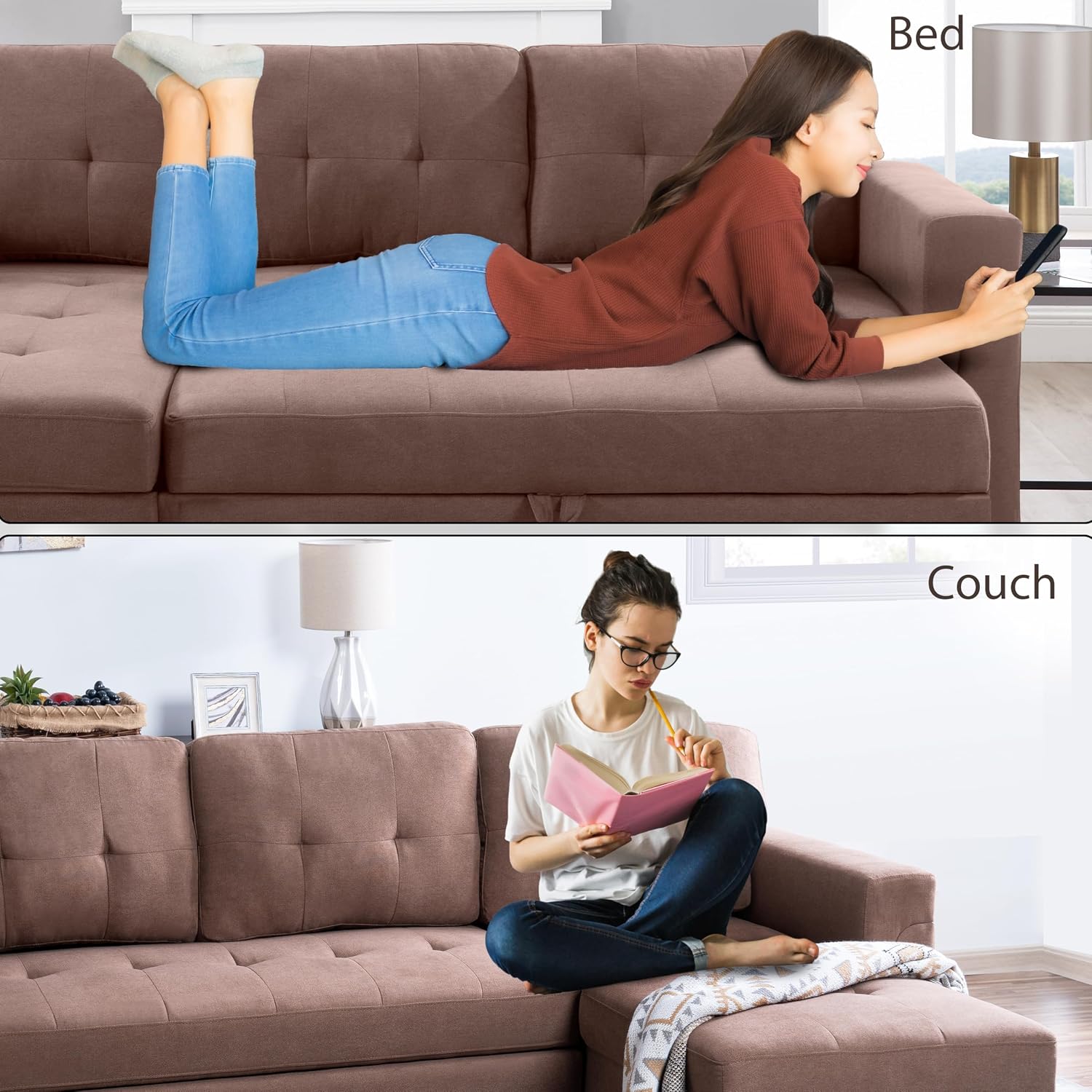 Naomi Home L Shaped Sectional Couch with Storage & Pull Out Bed – 3-in-1 Convertible Sleeper Sofa Bed, Small L Shape Sofa for Living Room, Sofa Bed with Storage Chaise in Mocha, Velvet