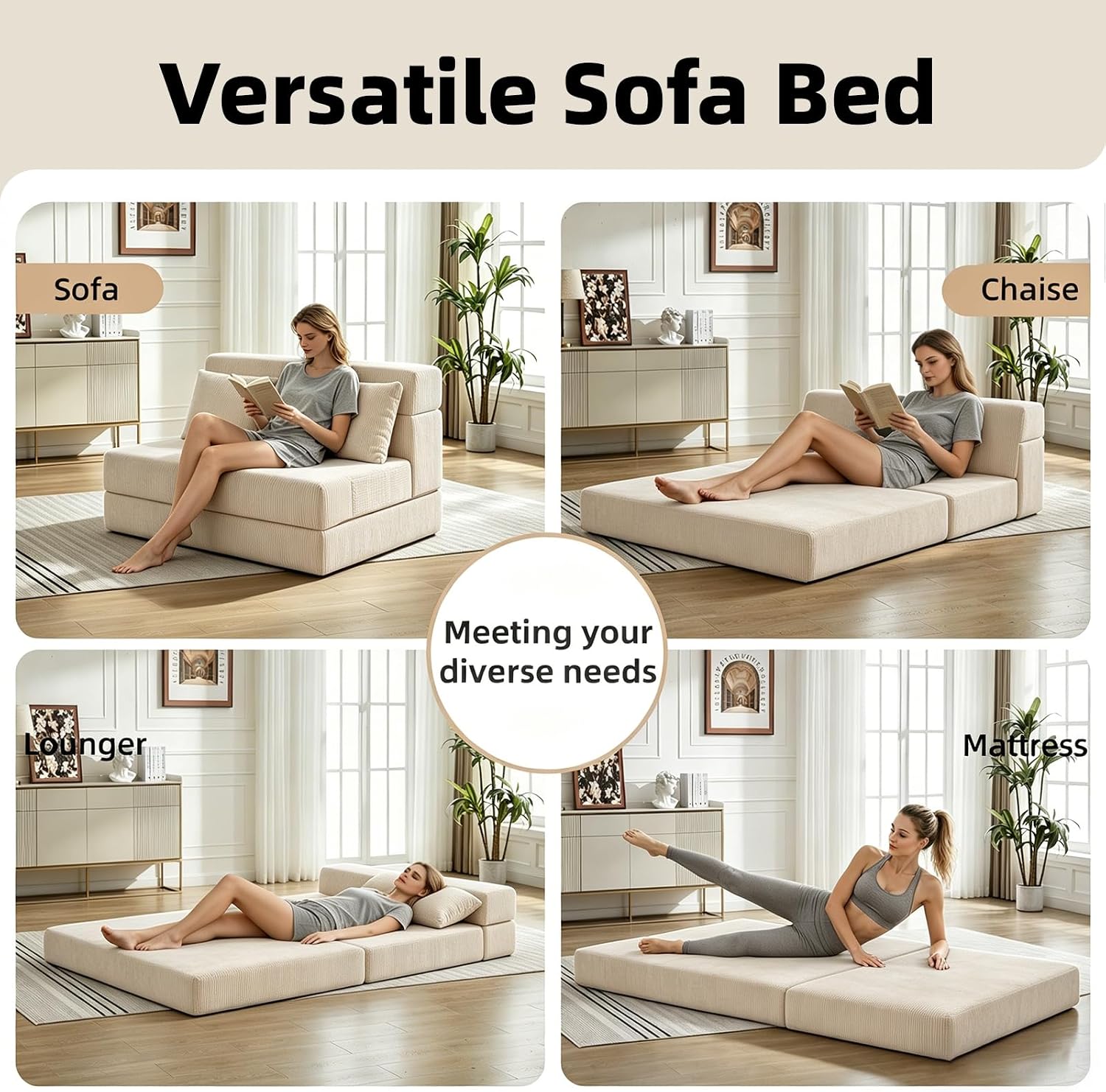 Folding Sofa Bed,Convertible Sleeper Chair with Pillow, Loveseat Fold Out Chair Bed, Memory Foam Floor Couch Mattress, Foldable Futon Couch Lounge for Living Room (Beige-Corduroy, Twin XL)
