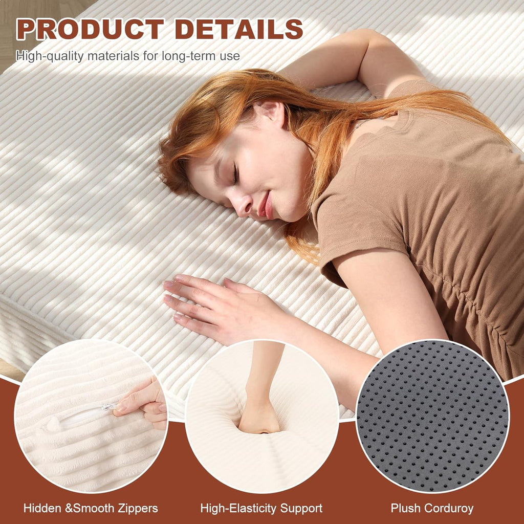 6-Inch Tri-Fold Foldable Mattress, Folding Sofa Bed with Removable Washable Cover, Portable Futon Mattress Full Size Floor Guest Mat with Non-Slip Bottom & Carry Handles for Camping (Beige, Full)