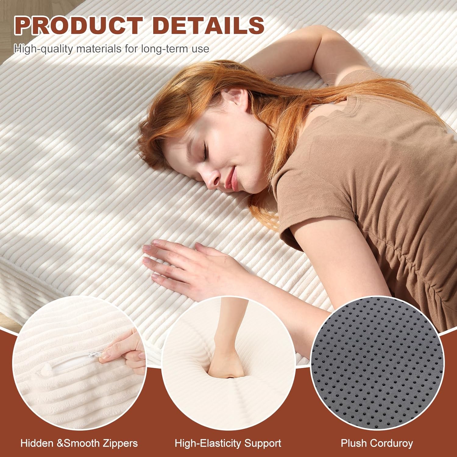 6-Inch Tri-Fold Foldable Mattress, Folding Sofa Bed with Removable Washable Cover, Portable Futon Mattress Full Size Floor Guest Mat with Non-Slip Bottom & Carry Handles for Camping (Beige, Full)