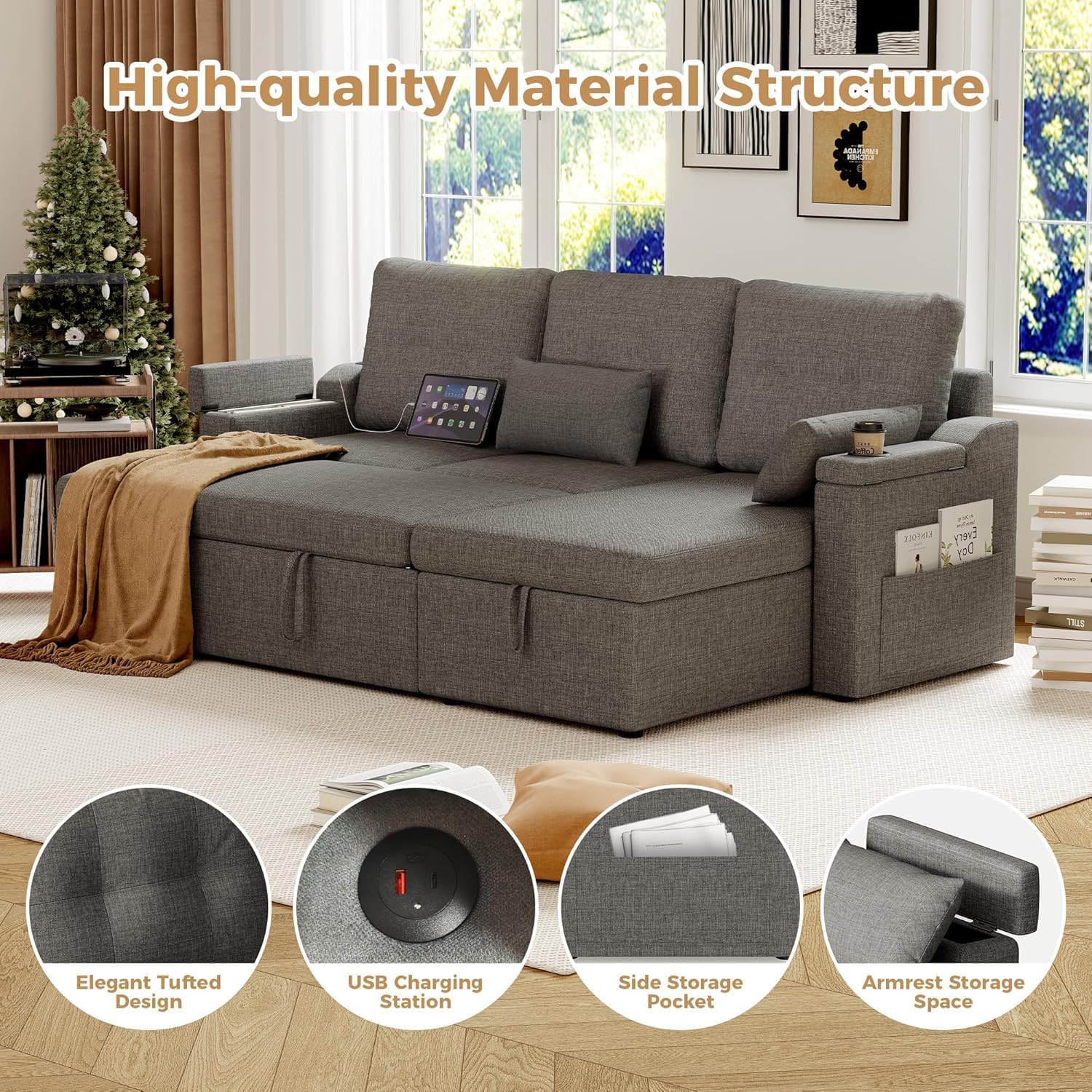 Reversible Sectional Sofa Couch, 85' L-Shaped Sleeper Sofa Bed with Pull Out Bed, Storage Chaise, USB Type-C Ports, Removable Backrest, Cup Holder, Modern Convertible Couch for Living Room, Grey