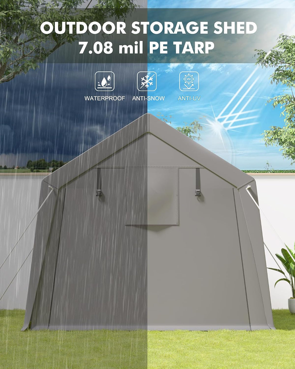 GarveeLife 6 x 6 ft Carport Storage Shed, Portable Garage with Roll-up Zipper Door, Heavy Duty Waterproof Tarp, Storage for Motorcycle, Bike, Firewood, Garden Tools