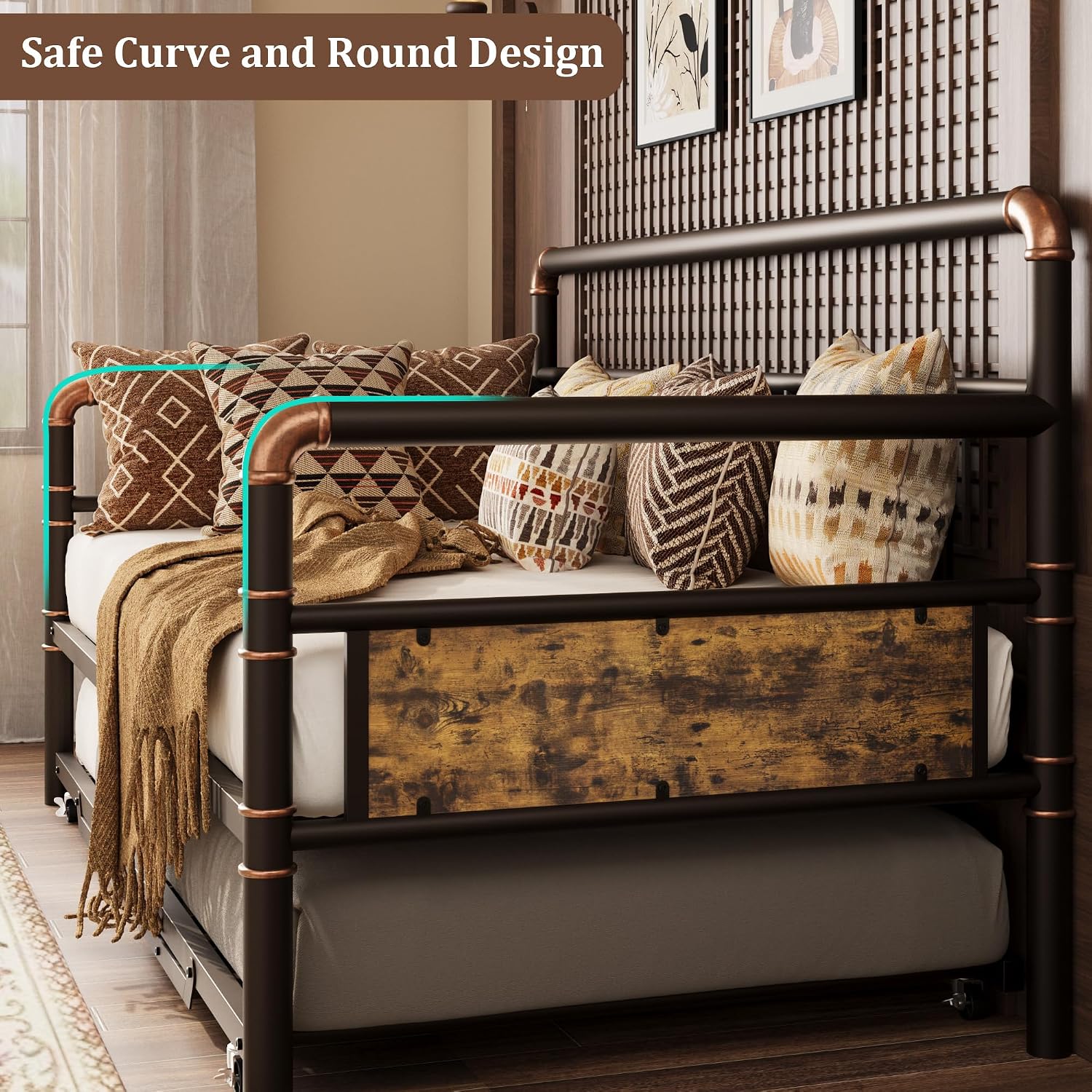 GarveeHome Daybed with Trundle, Twin Daybed with Pop Up Trundle Set, Metal Twin Bed Frame with Steel Slat Support, Sofa BedFrame for Kids/Teens/Adults, Easy Assembly, Brown