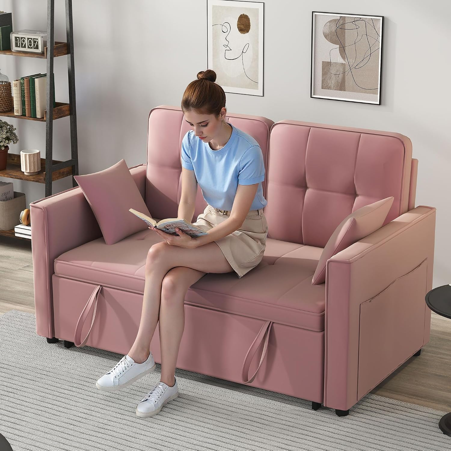 Pink Convertible Sofa Bed: 3 in 1 Sleeper Sofa Couch Bed, Pull Out Couch with Adjustable Backrest, Velvet Convertible Loveseat Sleeper, for Living Room, for Living Room(Pink)