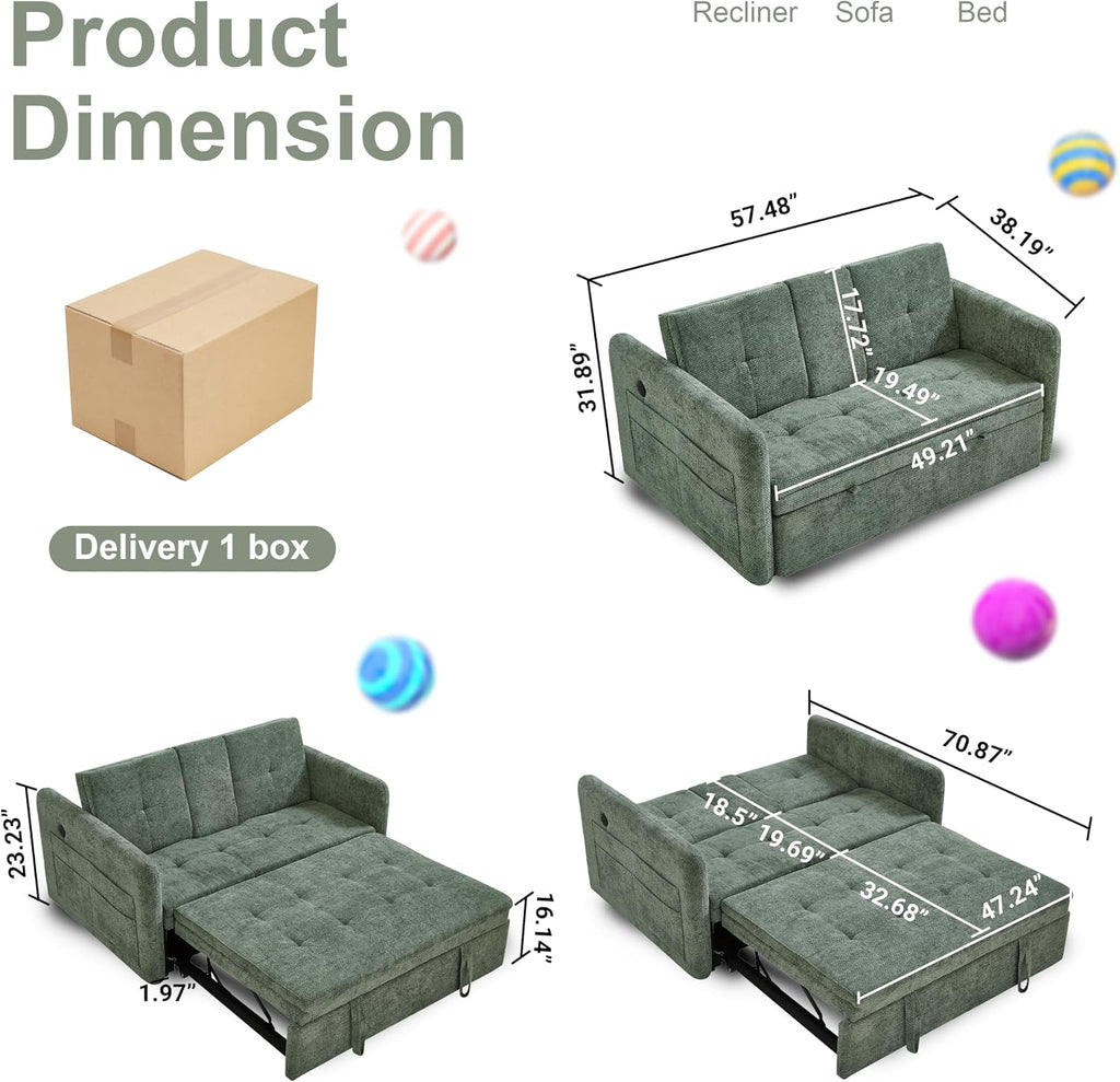 57.48' Convertible Sofa Bed with Cup Holder, Pull Out Sleeper Sofa Bed with USB Charging Ports, 3 in 1 Convertible Sleeper Sofa Bed for Living Room, Apartment, Bedroom, RV, Green
