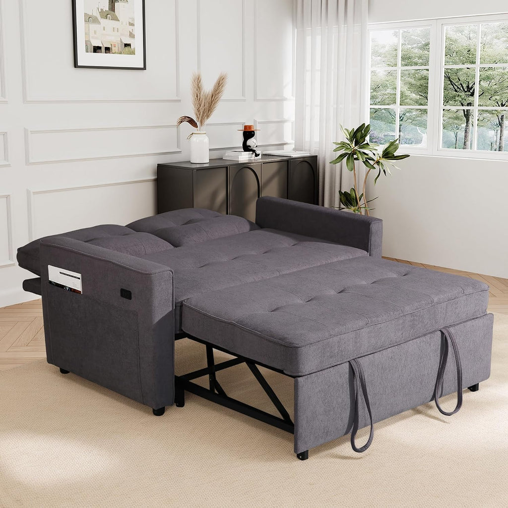 EJUNQ Pull Out Couch, Convertible Sofa Bed with USB and Reclining Backrest, Modern 3 in 1 Sleeper Sofa Couch Bed with Side Pockets, Comfortable Loveseat Sleeper for Small Spaces.((Gray)
