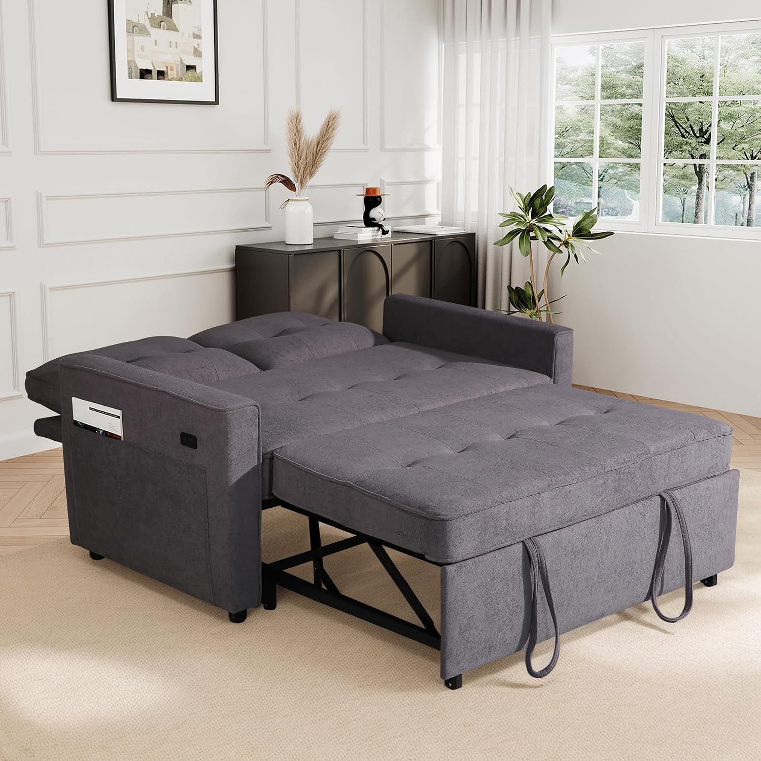 EJUNQ Pull Out Couch, Convertible Sofa Bed with USB and Reclining Backrest, Modern 3 in 1 Sleeper Sofa Couch Bed with Side Pockets, Comfortable Loveseat Sleeper for Small Spaces.((Gray)