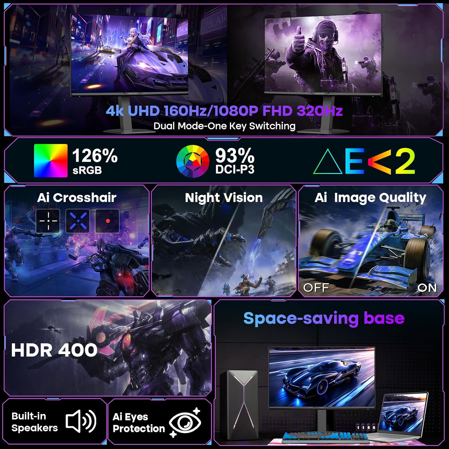 Amzfast 27 Inch 4K Gaming Monitor HDR 400, UHD 160Hz 144Hz | FHD 320Hz 300Hz 1ms Fast IPS Dual Mode, 126% sRGB, PIP/PBP, HDMI 2.1 x 2 & DP 1.4 x 2, Height Adjustment, VESA.