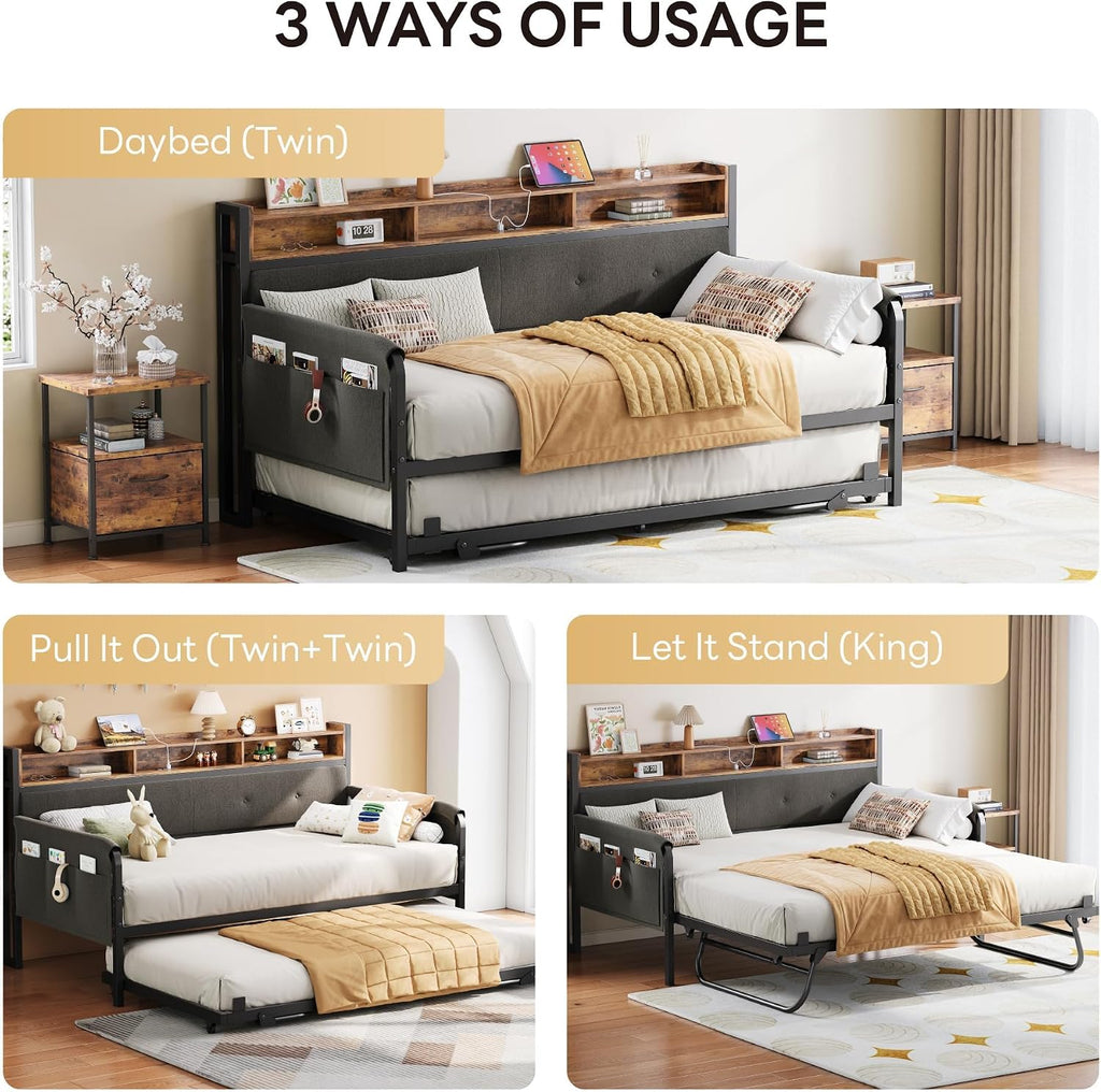 LIKIMIO Daybed with Trundle, Twin Bed Frame with Upholstered Headboard and Charging Station, Sofa Day Bed with Strong Supports for Living Room, Bedroom and Guest Room, Black