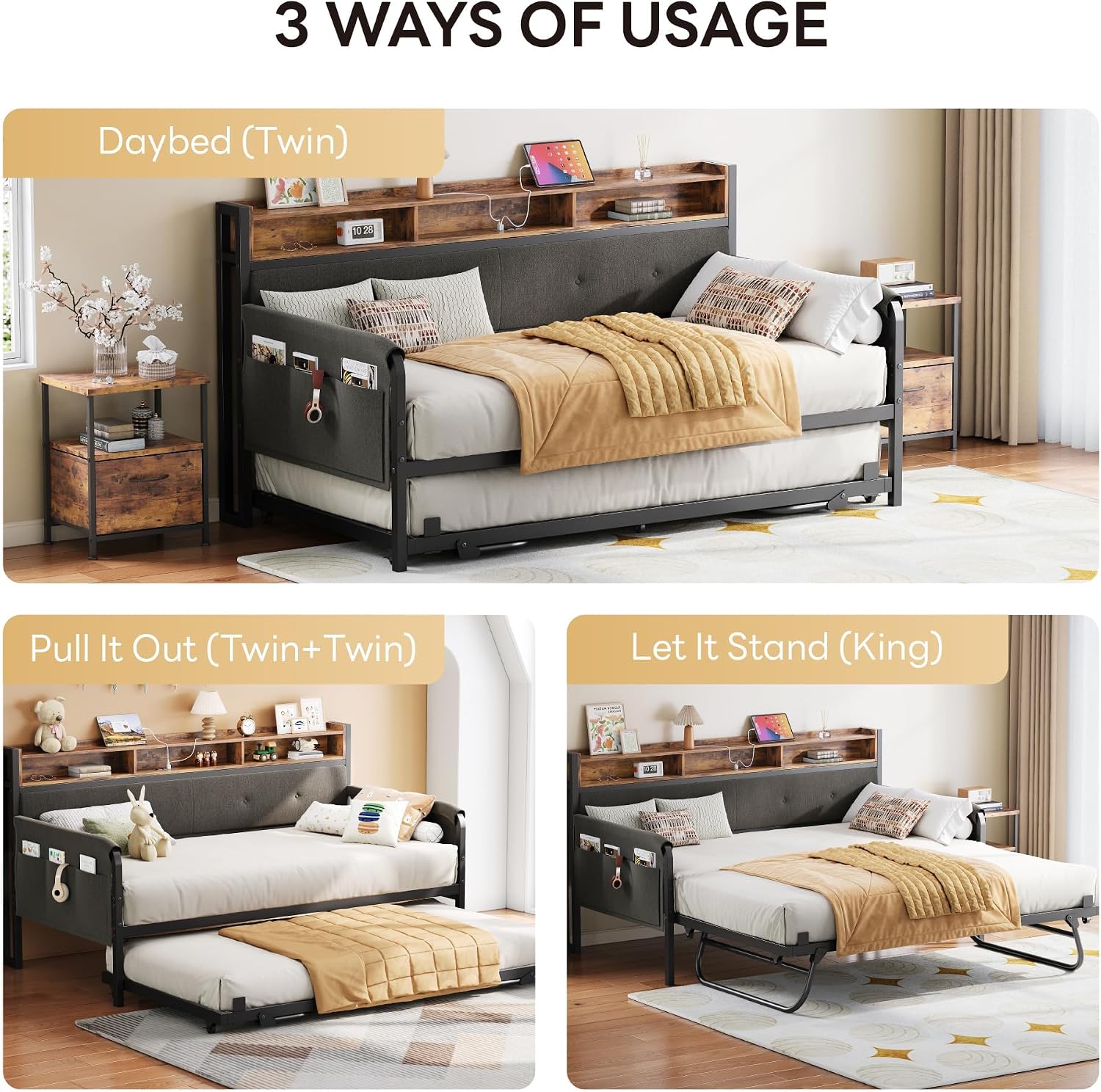 LIKIMIO Daybed with Trundle, Twin Bed Frame with Upholstered Headboard and Charging Station, Sofa Day Bed with Strong Supports for Living Room, Bedroom and Guest Room, Black
