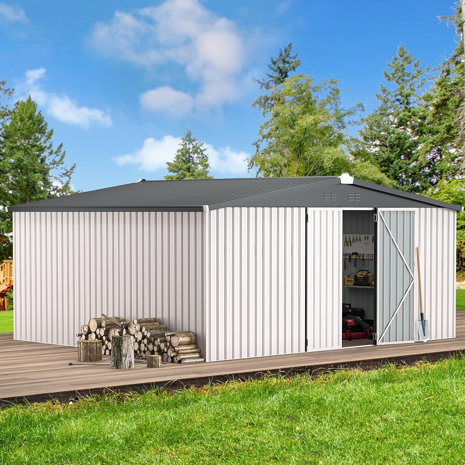U-MAX Storage Shed 14x12 Outdoor Shed, Large Metal Outside Storage Garden Sheds & Outdoor Storage Shed Clearance, 12x14 Tool Shed Outdoor Storage Lockable for Backyard, Patio and Outside Use in White