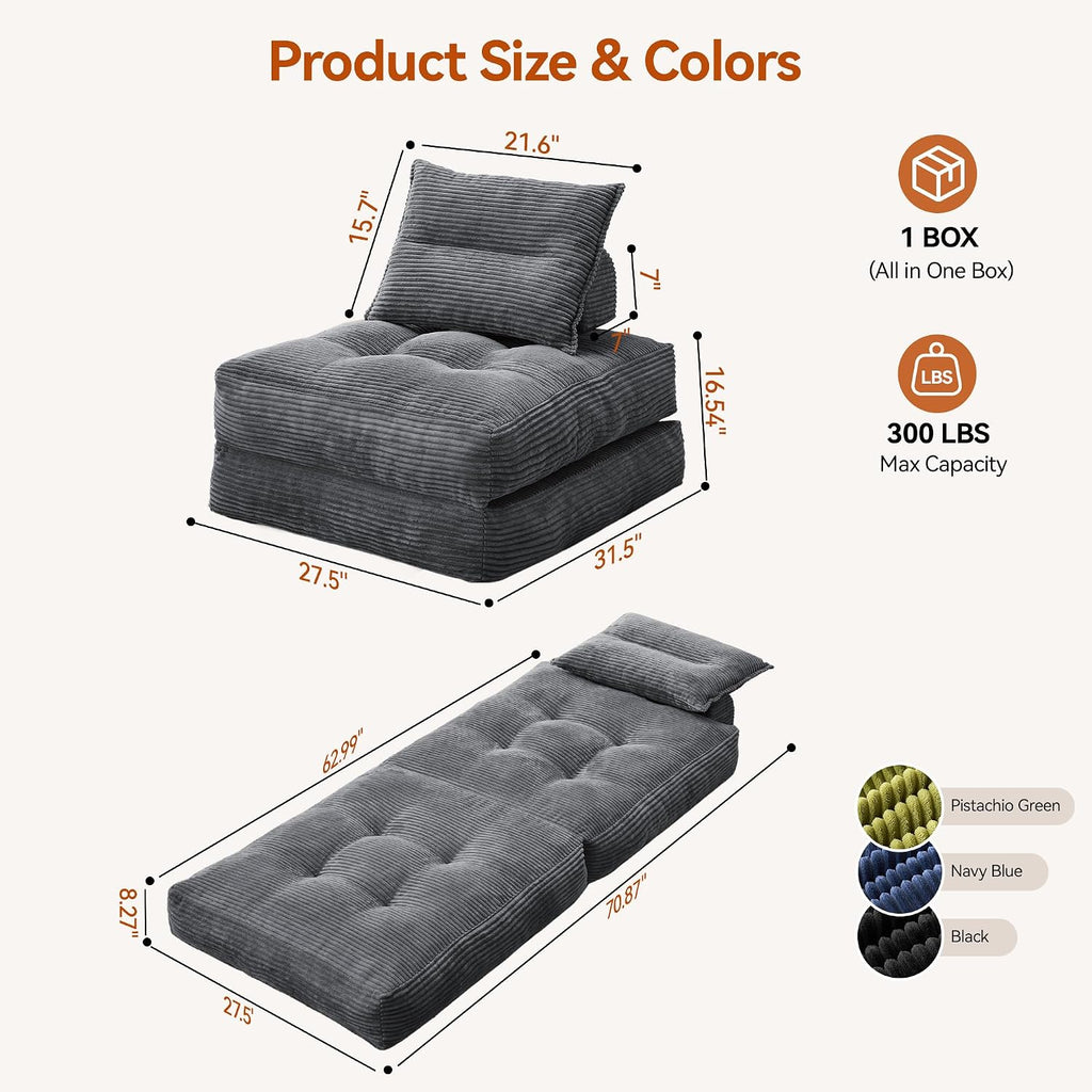 MONVANE Folding Sofa Bed, Fold Out Chair Bed with Pillow, Convertible Sleeper Chair for Living Room/Small Spaces, Foldable Lazy Sofa Bed Floor Chair, Comfy Corduroy Couch Bed, Dark Grey
