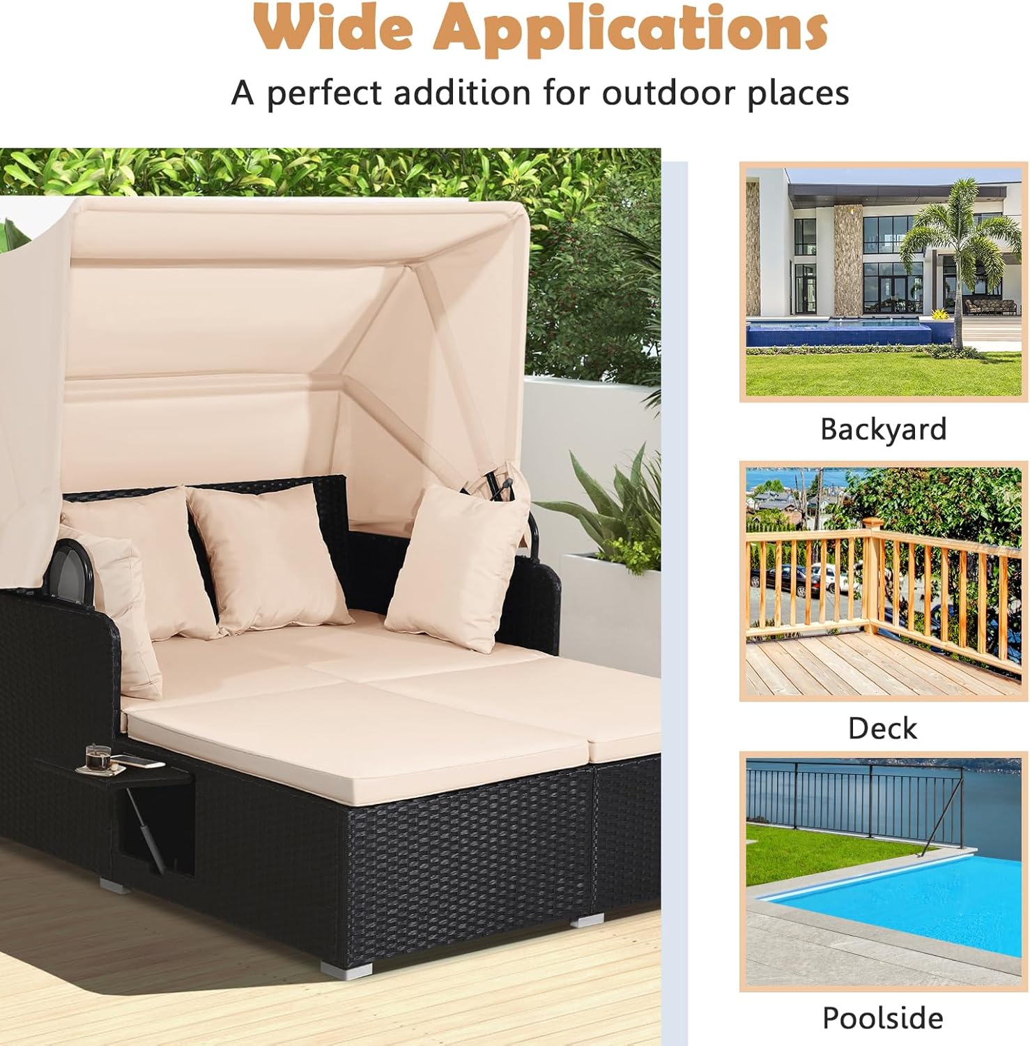 Tangkula Patio Rattan Daybed with Retractable Canopy, Outdoor Wicker Sunbed Lounger with 2 Foldable Side Tables, Thick Seat & Back Cushions, Outside Double Daybed for Garden, Backyard, Porch