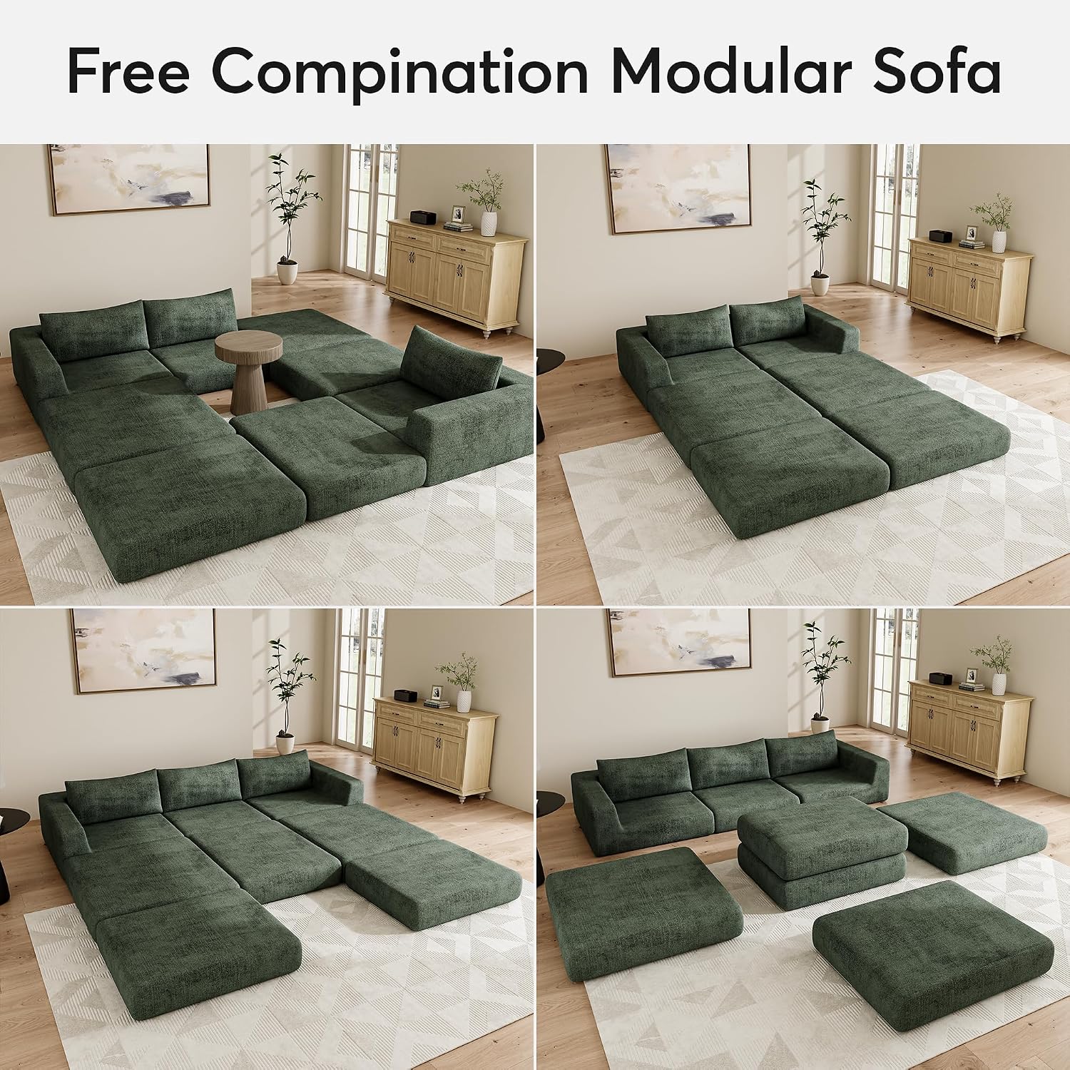 Chenille Modular Floor Sofa Bed, L Shaped Convertible Sleeper Couch with Memory Foam Cushions, Low Profile Sectional Sofa for Living Room, Apartment, Guest Room, Green