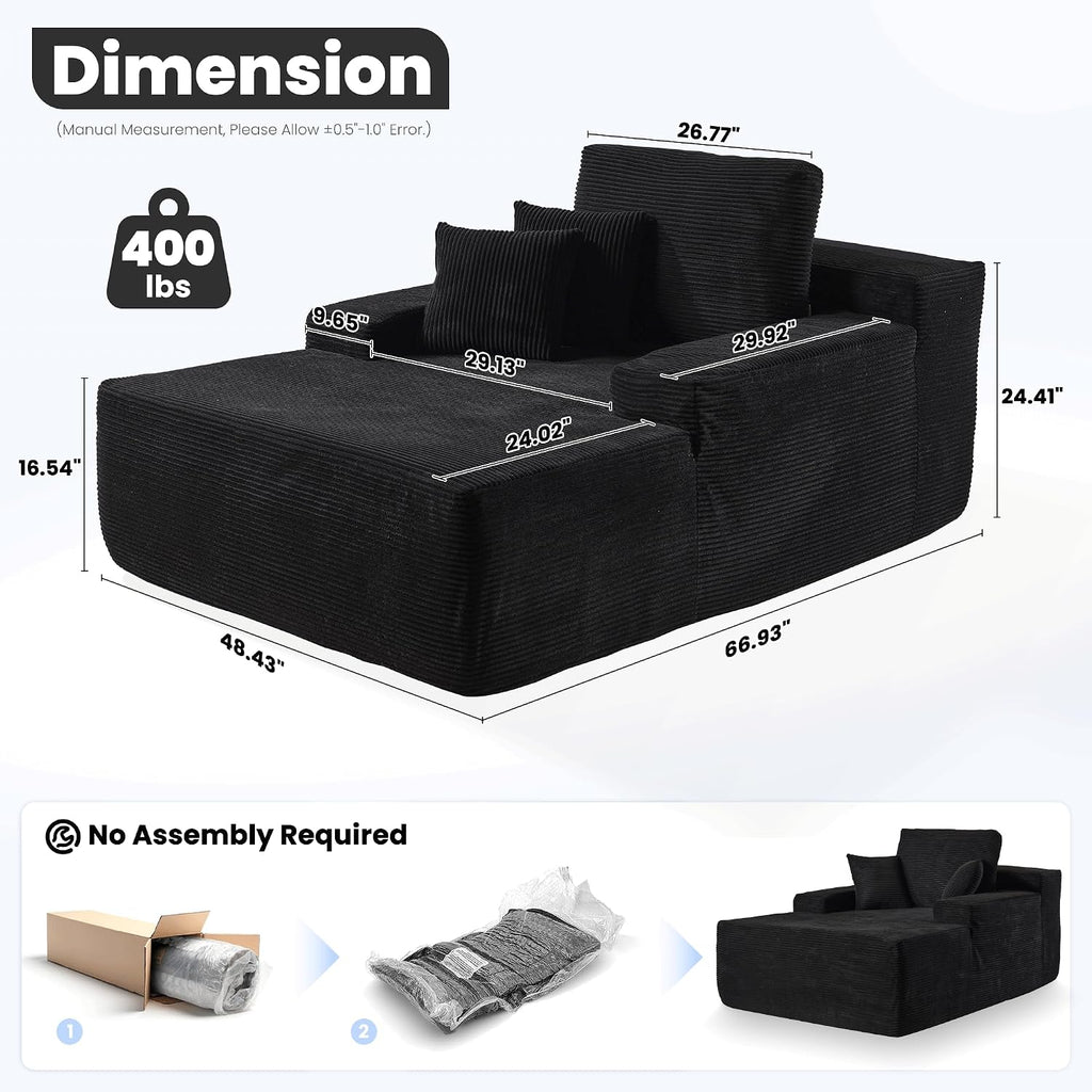 ovios 67'' Chaise Lounge Chair Indoor, Oversized Upholstered Boneless Sofa Bed, Deep Seat Sleeper Couch, Plush Cloud Sofas Couches for Living Room, No Assembly Required (Corduroy, Black)