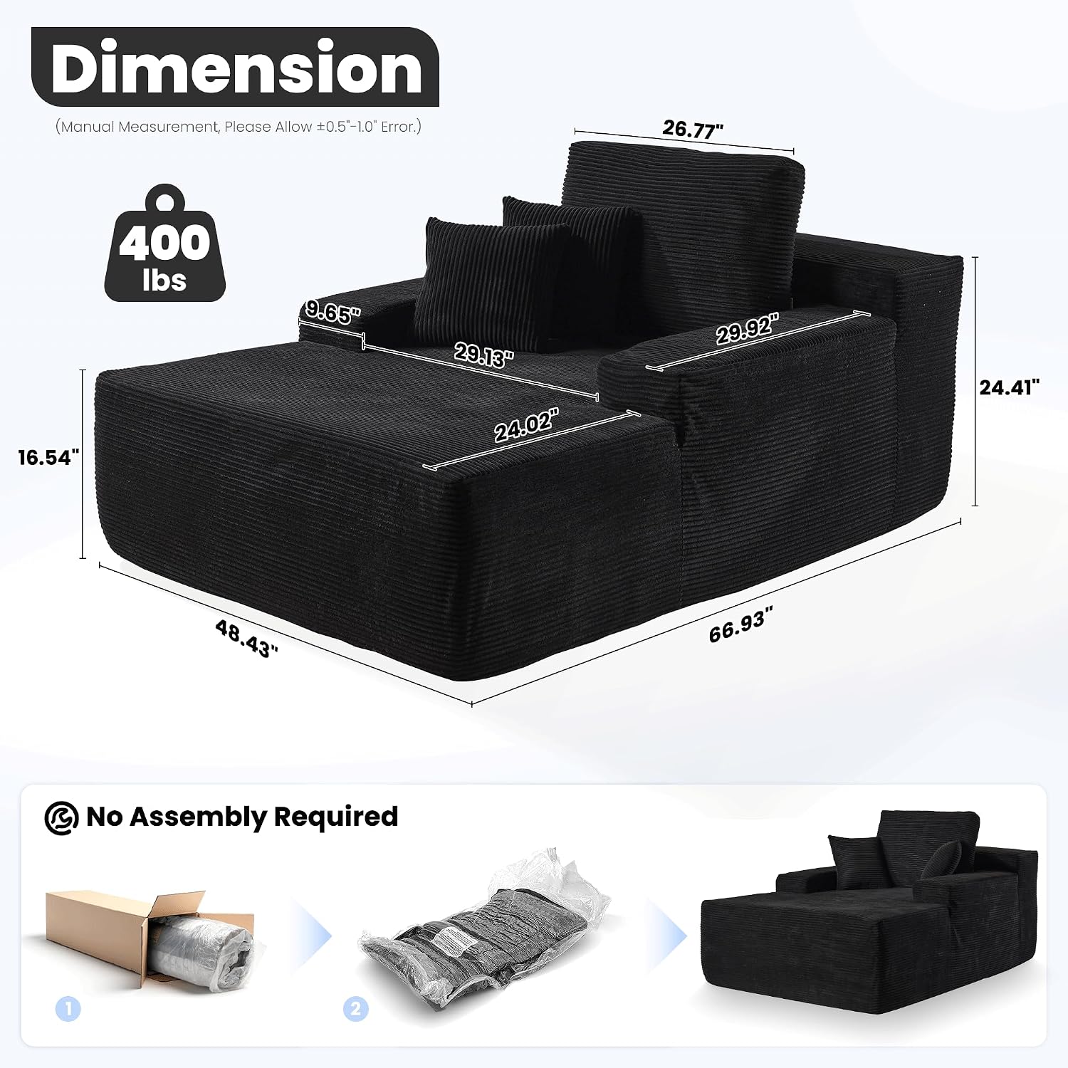 ovios 67'' Chaise Lounge Chair Indoor, Oversized Upholstered Boneless Sofa Bed, Deep Seat Sleeper Couch, Plush Cloud Sofas Couches for Living Room, No Assembly Required (Corduroy, Black)