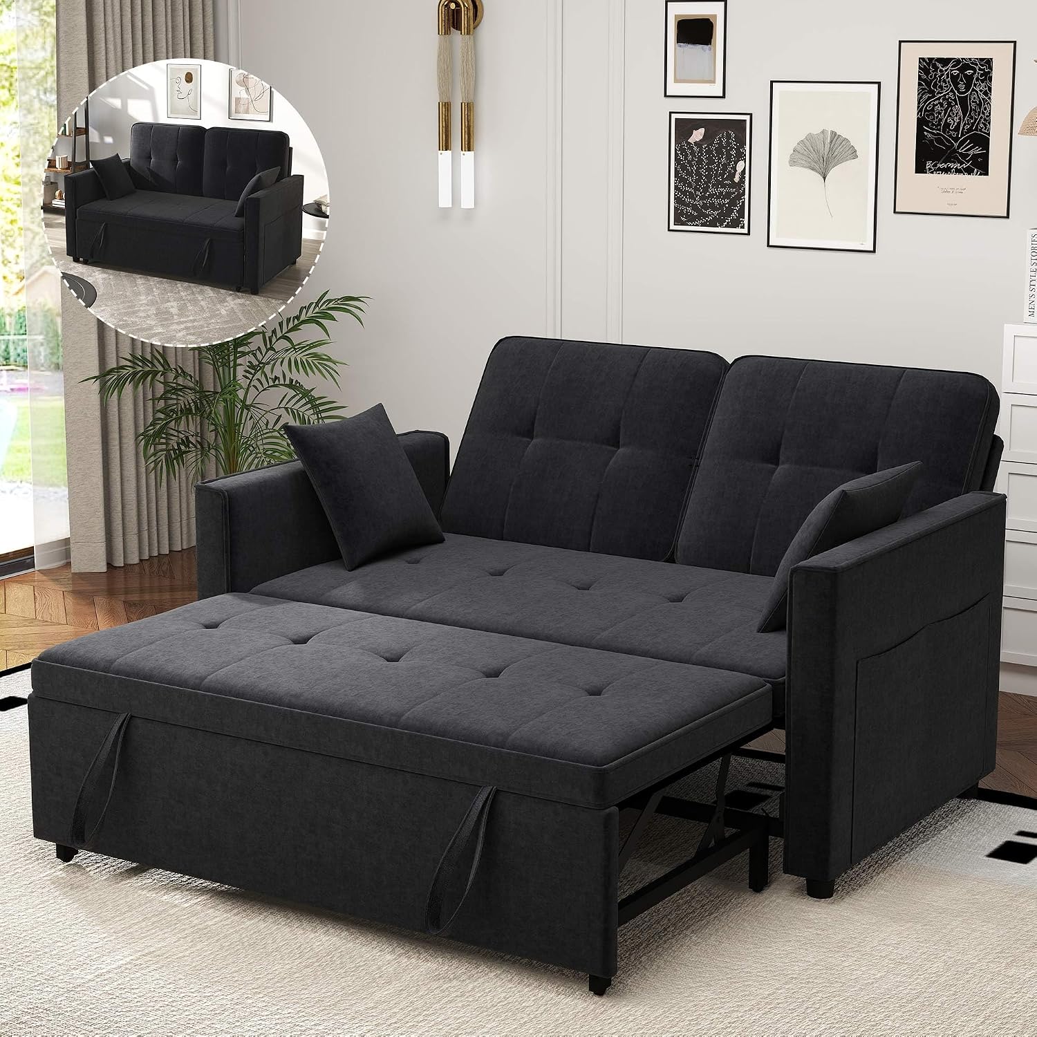 Black Convertible Sofa Bed: 3 in 1 Sleeper Sofa Couch Bed, Pull Out Couch with Adjustable Backrest, Velvet Convertible Loveseat Sleeper, for Living Room