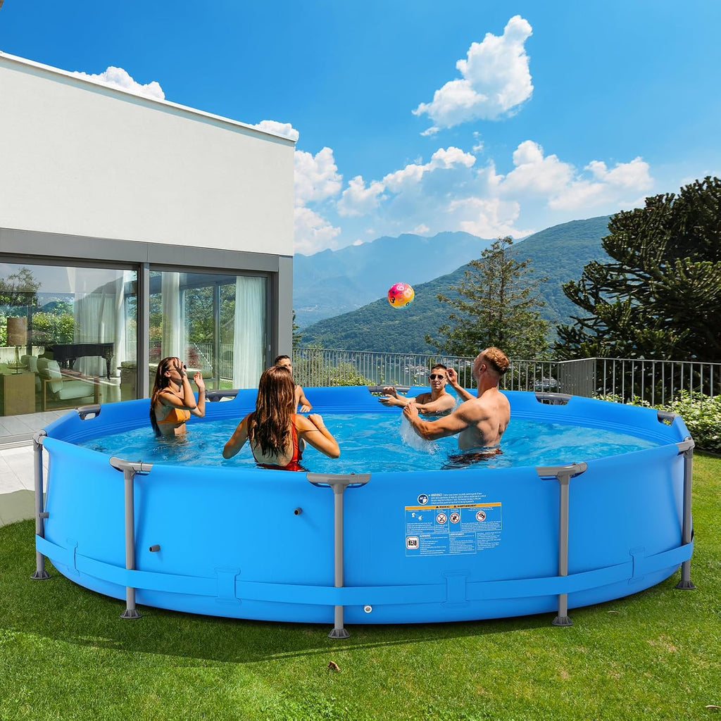 GYMAX 12ft x 30in Metal Frame Above Ground Swimming Pool, Outdoor Backyard Famliy Pool Set with Puncture-Resistant Fabric, Drainage Valve Connector for Kids & Adults (12' x 30', Round, Blue)