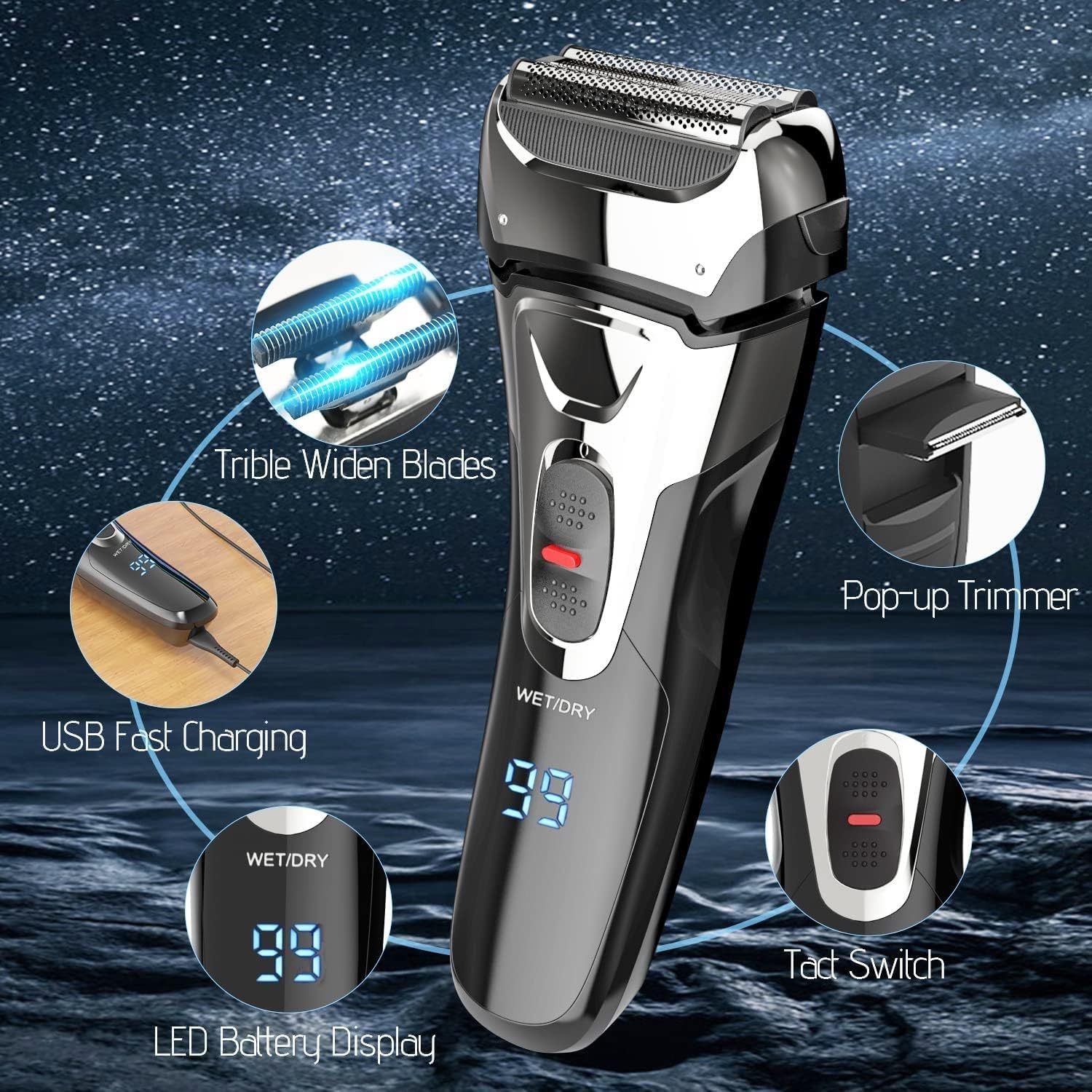 JYYBN Foil Shavers for Men, Cordless Men's Electric Razor, Wet & Dry Face Close Shave for Men with Pop-up Trimmer, Waterproof USB Rechargeable for Travel