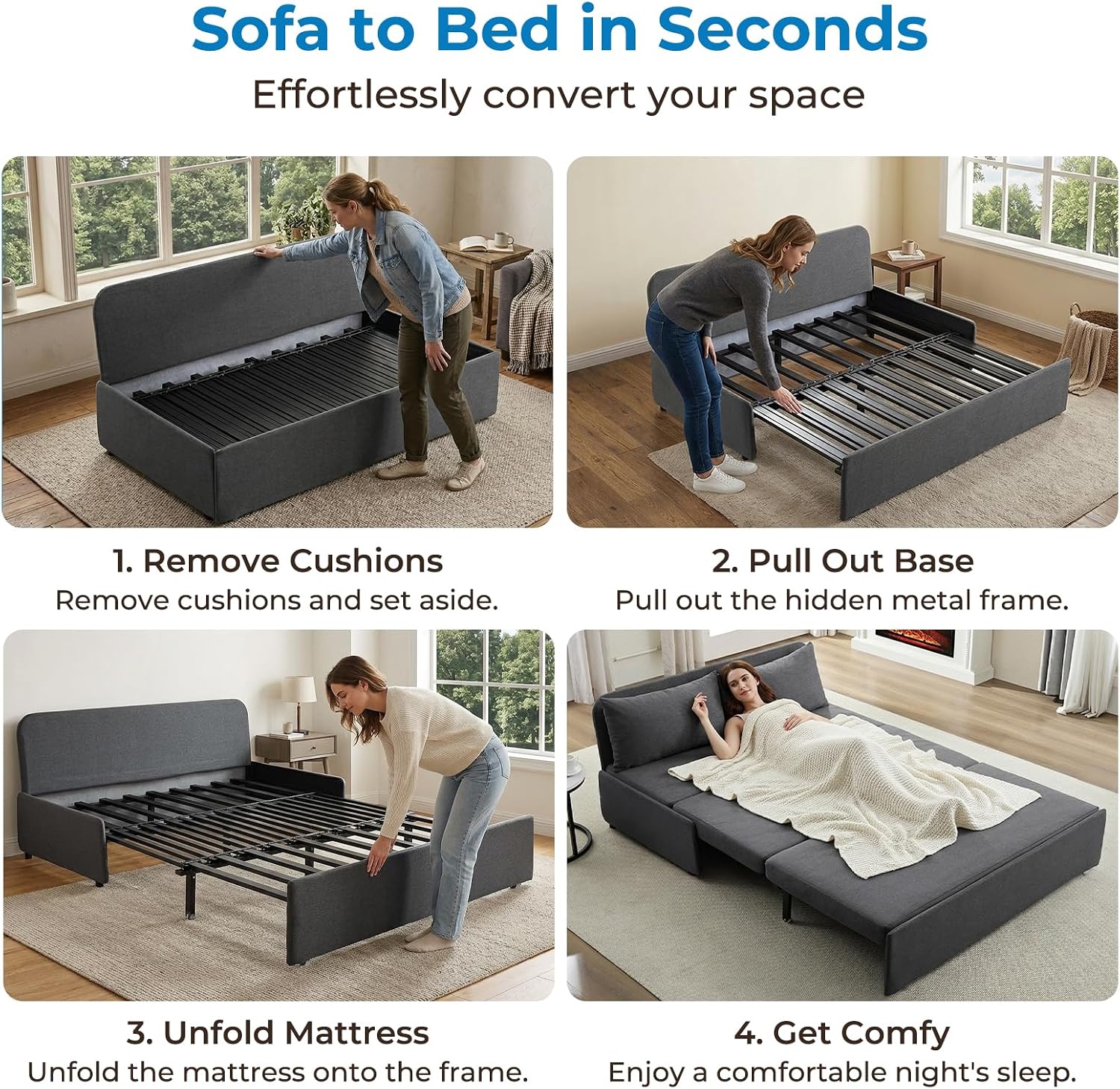Mjkone 64' W Sofa Bed Queen Size with Pull Out Bed, 2-in-1 Modern Linen Living Room Pull Out Sleeper Sofa Couch Beds with Cushions &Throw Pillows for Apartment Office Studio Small Place, Dark Grey