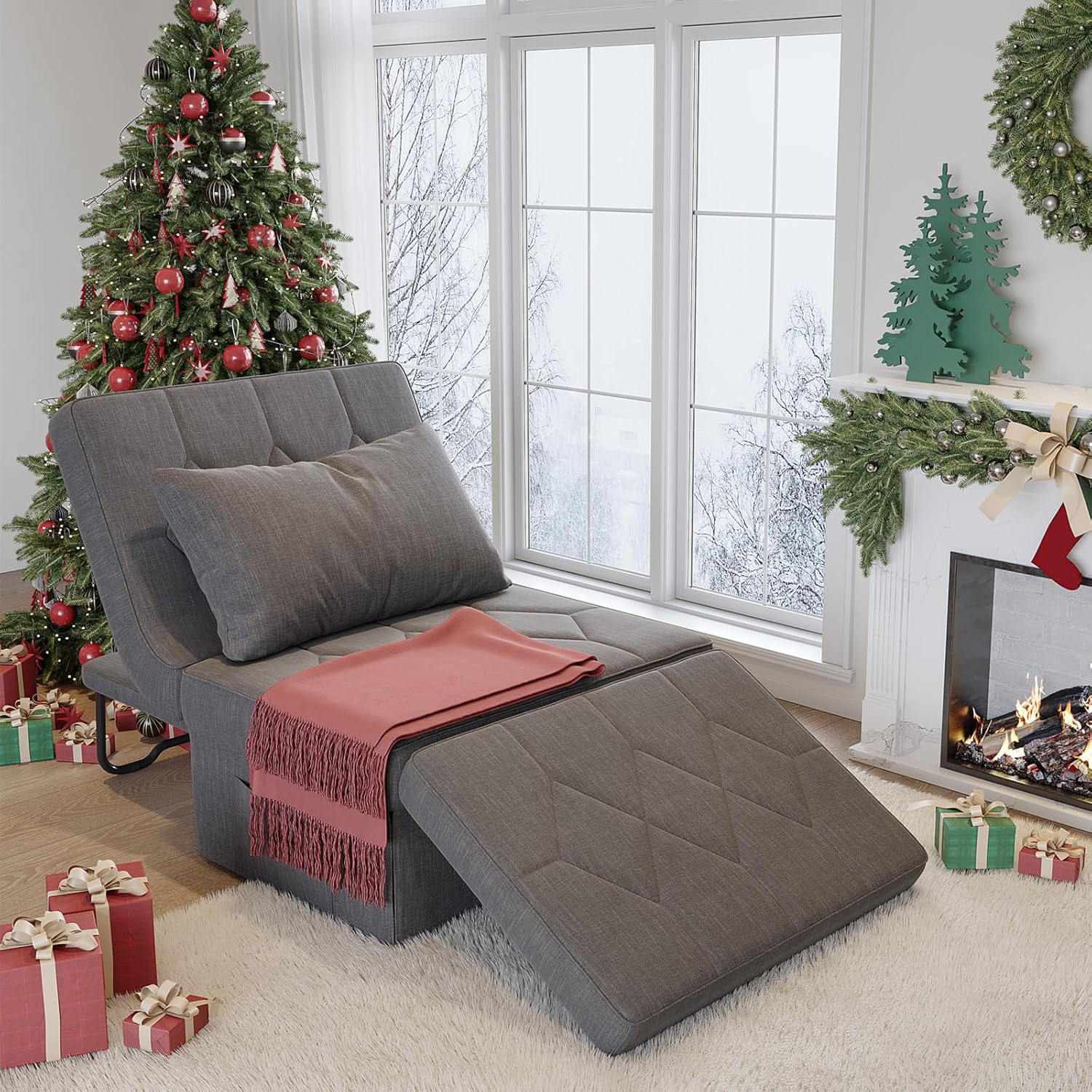 Ottoman Bed with 5-Level Adjustable Backrest, 70' D x 34' W 4-in-1 Convertible Sleeper Chair Bed, Folding Sofa Bed for Living Room, Apartment, Dorm & Small Space, Dark Grey