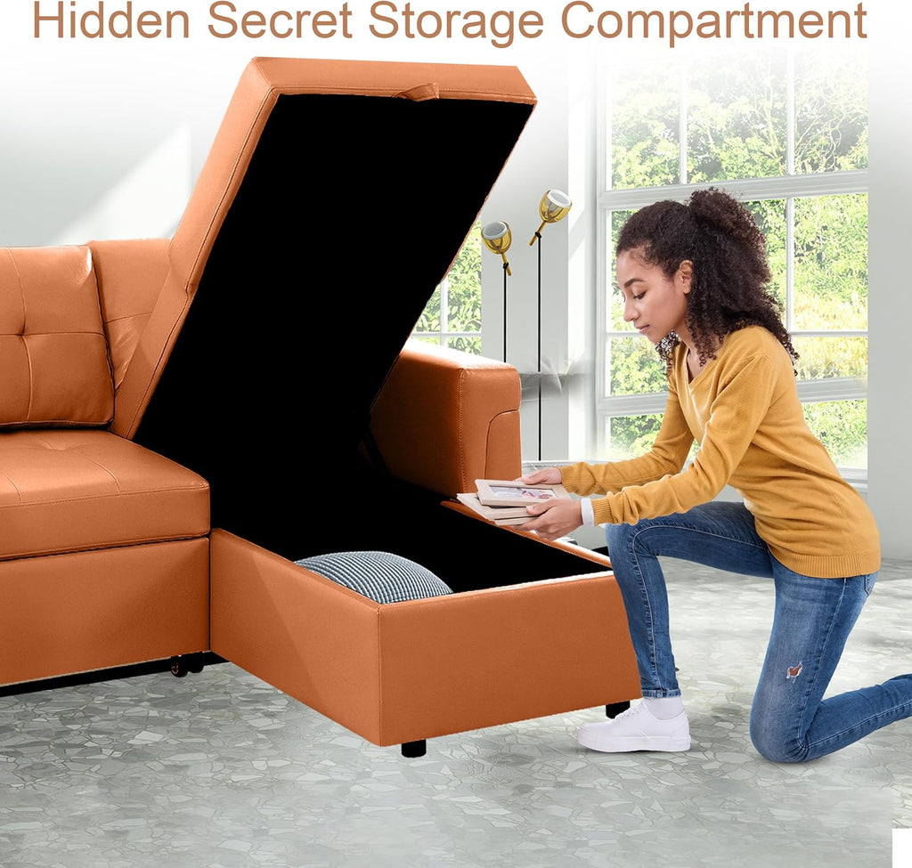 Naomi Home L Shaped Sectional Couch with Storage & Pull Out Bed – 3-in-1 Convertible Sleeper Sofa Bed, Small L Shape Sofa for Living Room, Sofa Bed with Storage Chaise in Caramel, Air Leather