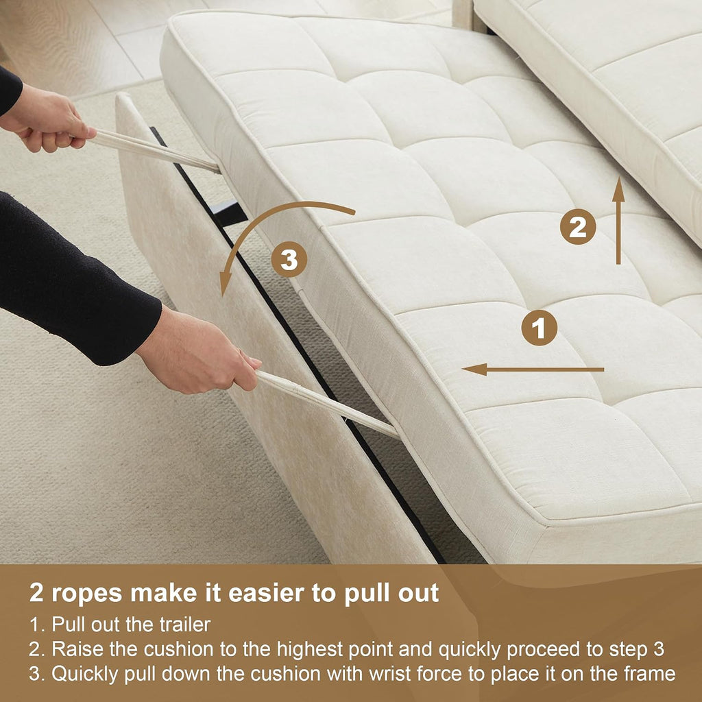 Tbfit 57' Convertible Sofa Bed, Chenille Futon Sleeper Sofa Couch with Pullout Bed, USB & Adjustable Backrest, Full Size Pull Out Loveseat Couches for Living Room, Apartment, Office, Dorm, Beige