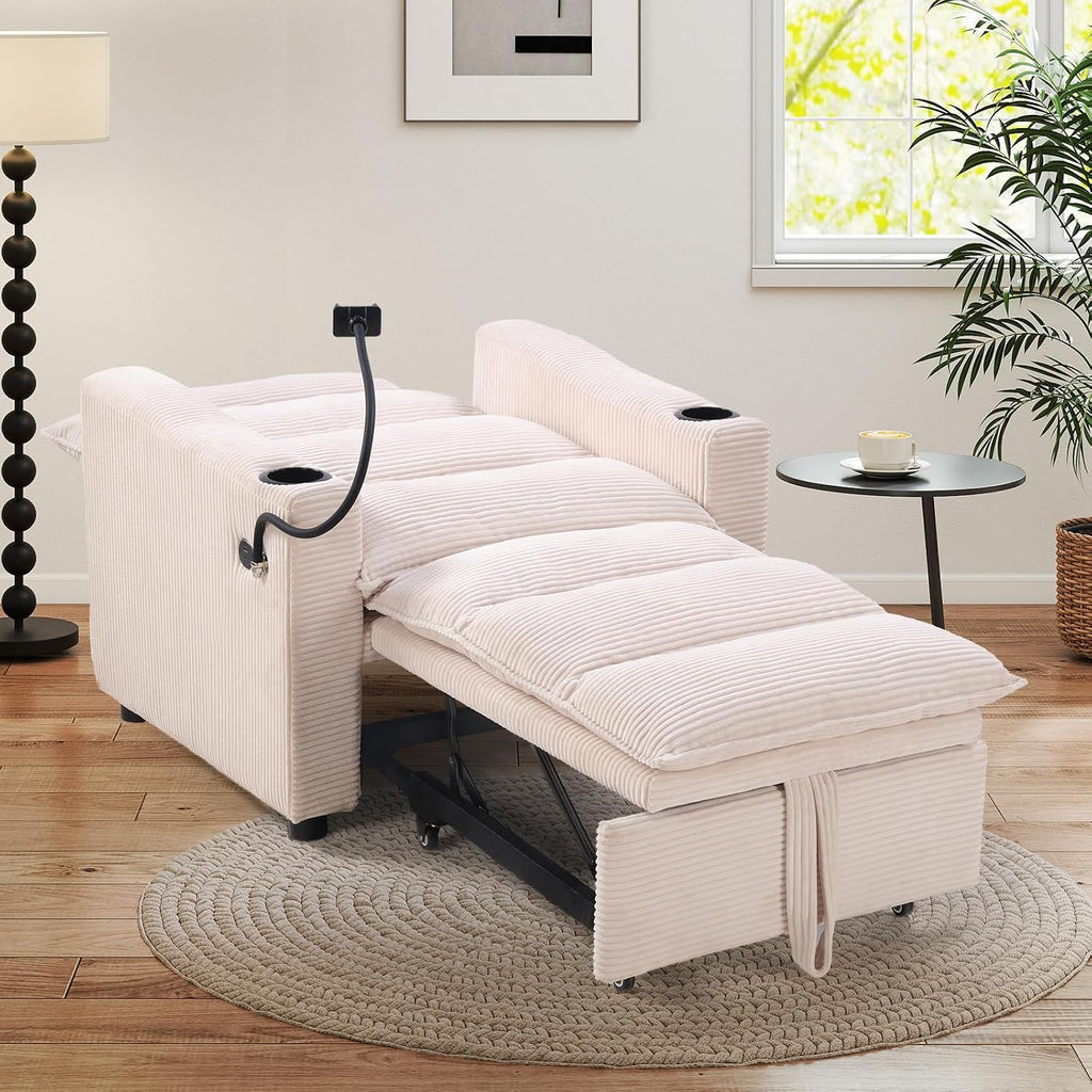 HAOMARKETS Corduroy Sleeper Sofa Bed with Cup Holders, 3-in-1 Convertible Pullout Futon Couch with Phone Holder&USB Charge Port, Single Armchair with 3-Level Adjustable Backrest for Apartment