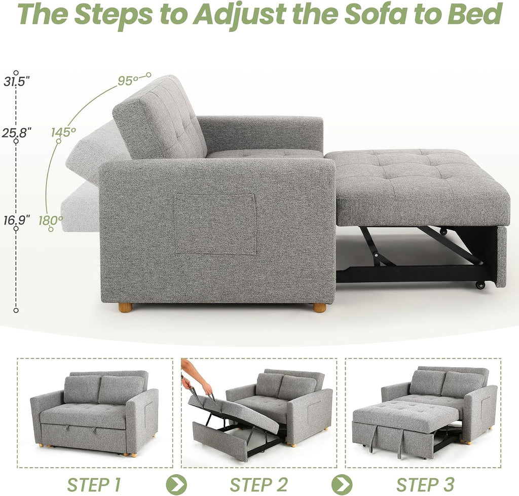 SEJOV Convertible Sofa Bed, 3-in-1 Sleeper Sofa Pull Out Couch Bed, 2-Seater Linen Fabric Loveseat Futon Sofa with Spring Support, Adjustable Backrest for Small Spaces, Living Room, Grey