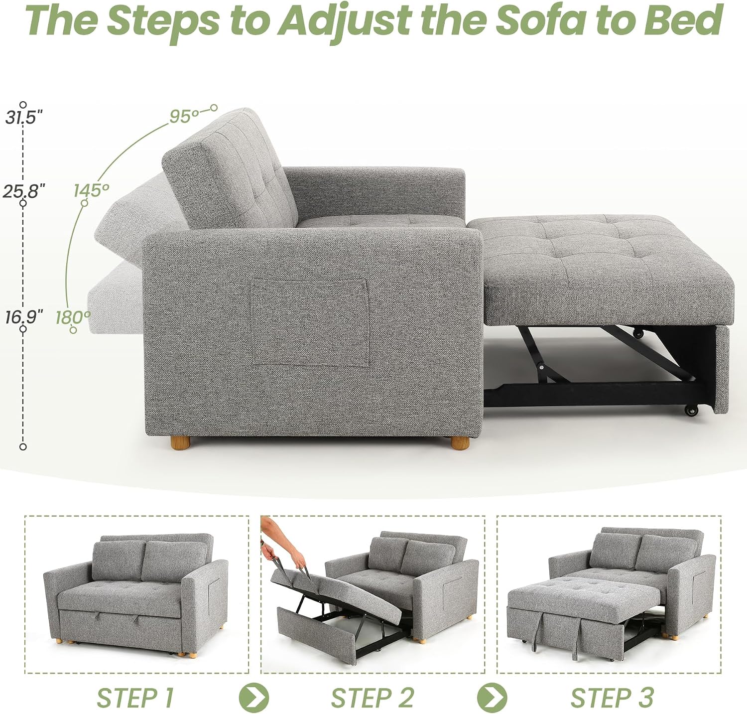 SEJOV Convertible Sofa Bed, 3-in-1 Sleeper Sofa Pull Out Couch Bed, 2-Seater Linen Fabric Loveseat Futon Sofa with Spring Support, Adjustable Backrest for Small Spaces, Living Room, Grey