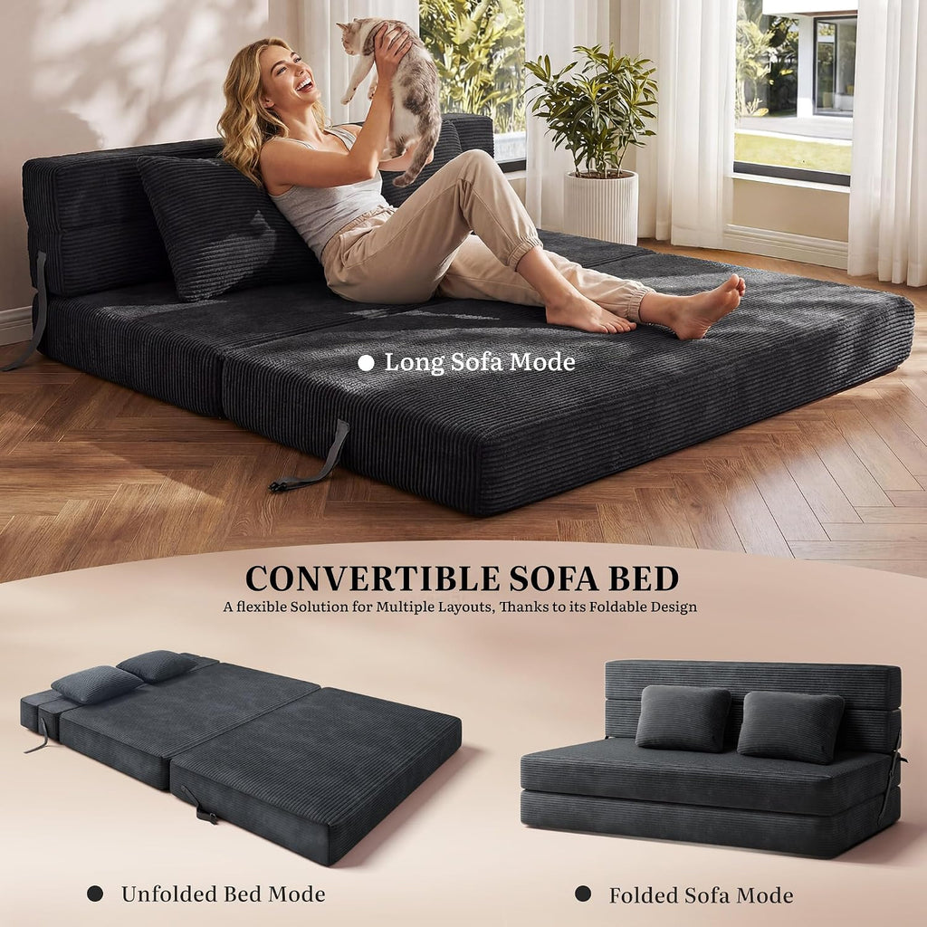 YITAHOME Convertible Sofa Bed, Floor Futon Couch with Corduroy Cover & High-Density Memory Foam, Folding Chair Bed for Dorms Guest Room and Apartment, Queen Size, Black