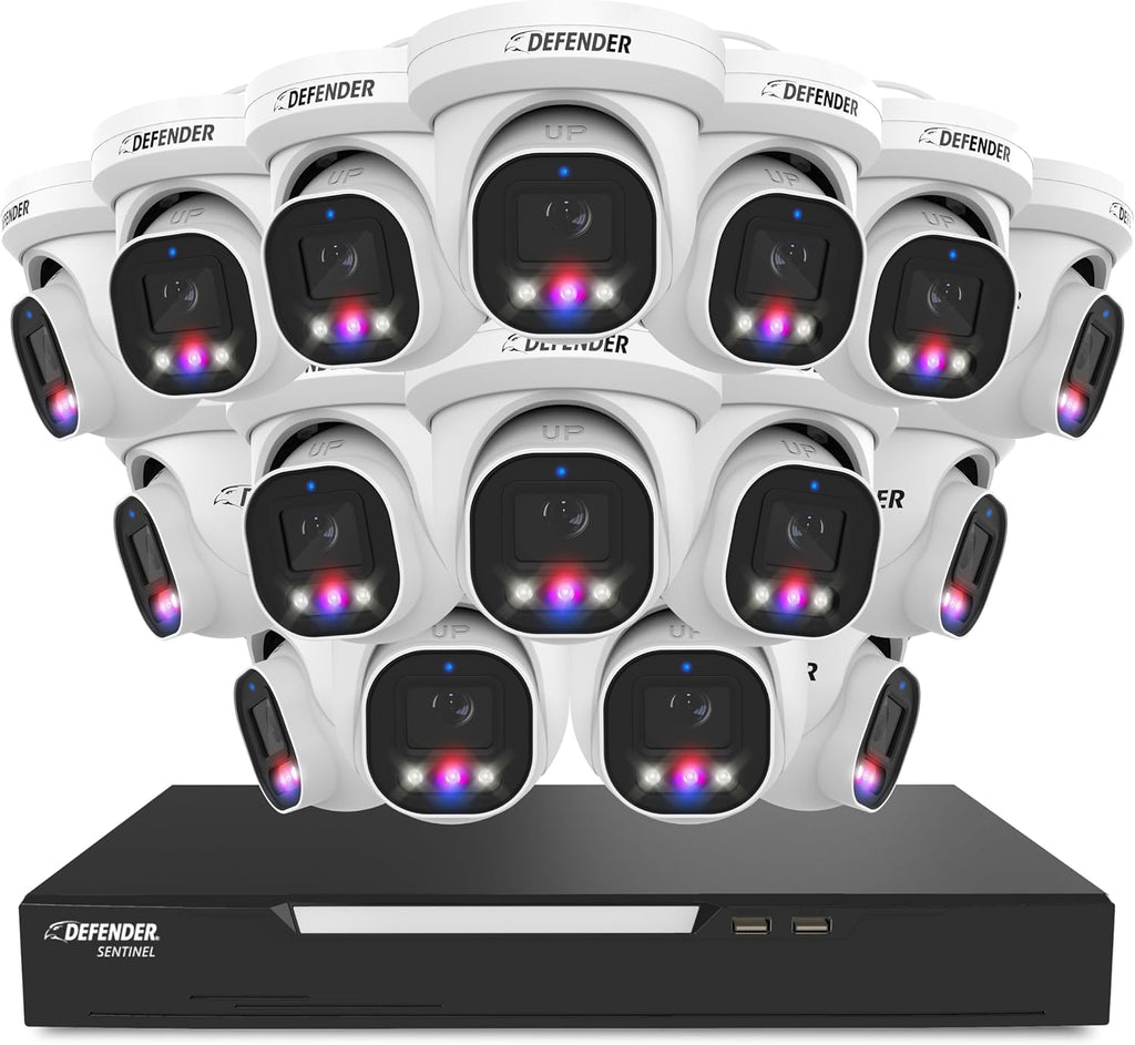Defender AI Powered Sentinel Pro Turret 16CH NVR PoE Security Camera System, 16pc Metal Turret Cameras, 109° Wide Angle, IP66 Rated, Audio Recording, Web Viewing, 12TB HDD, Works w/Empower App